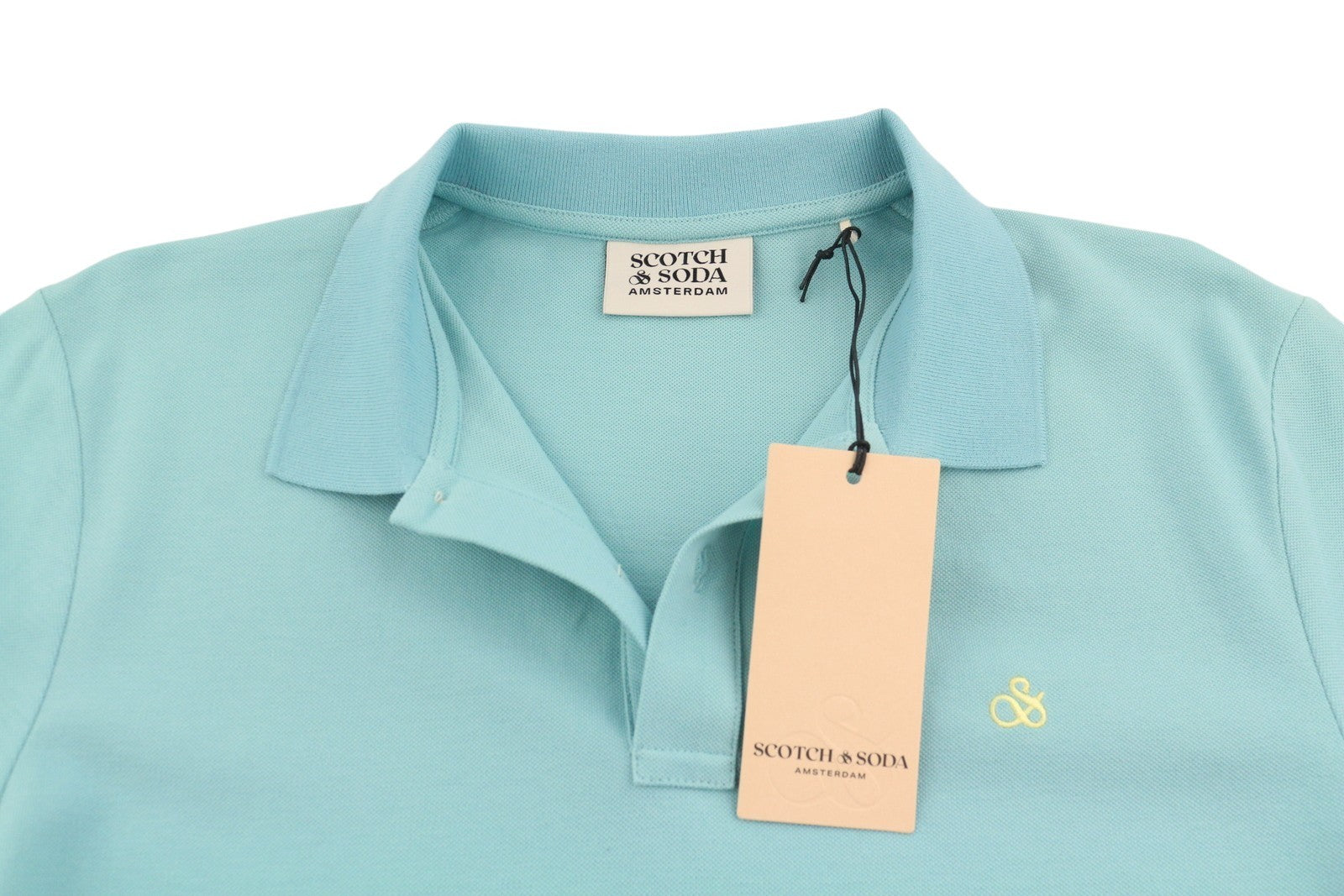 SCOTCH & SODA Men Polos M Sea Blue Half Button Neck Cotton Short Sleeve