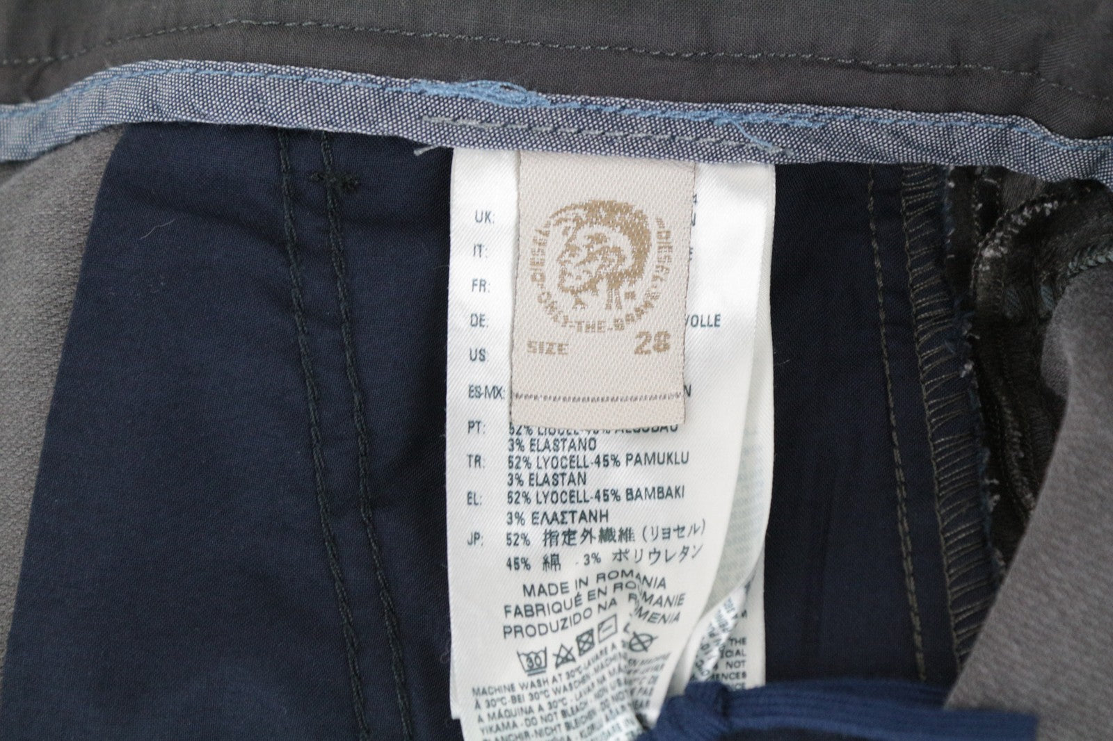 DIESEL Slim-Chino-M-NE 0685E Men Jeans W28 Zip Grey Super Stretch Sweat Jogg
