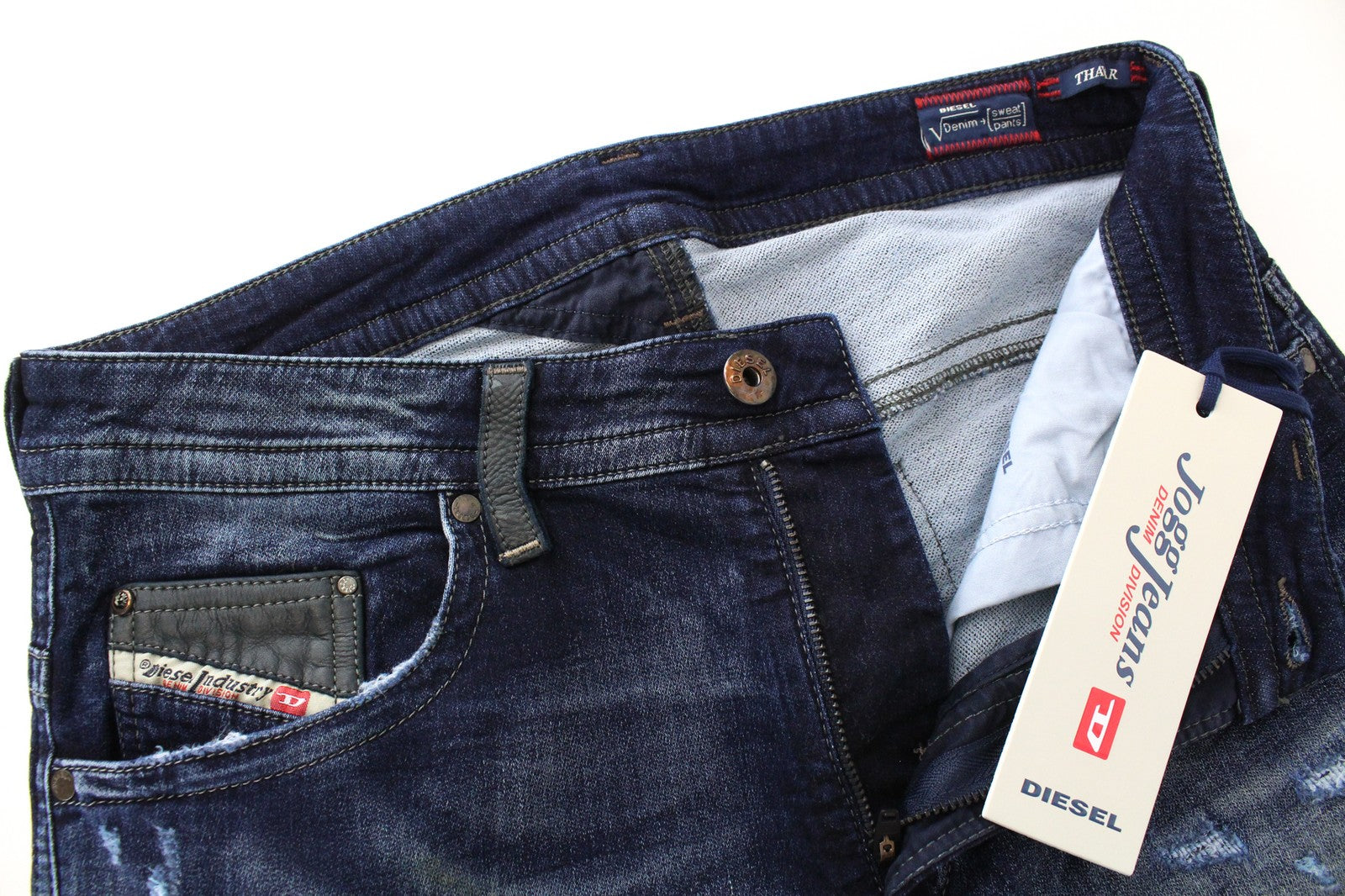 DIESEL Thavar-NE R060S Men Jeans W28 Tapered Ripped Aged Look Sweat Jogg Blue