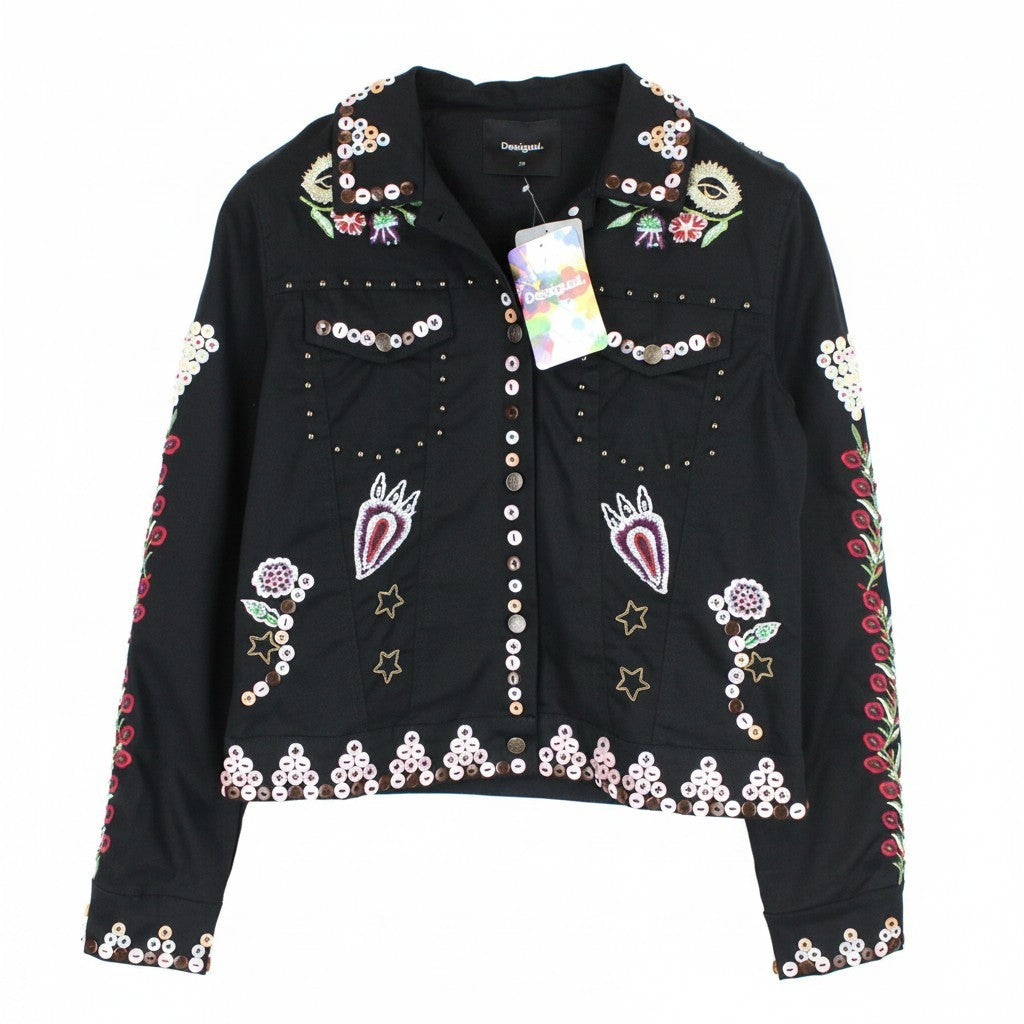 DESIGUAL Chaq Ferrara Women Jacket 38 M Embroidery Short Floral Button Detailed