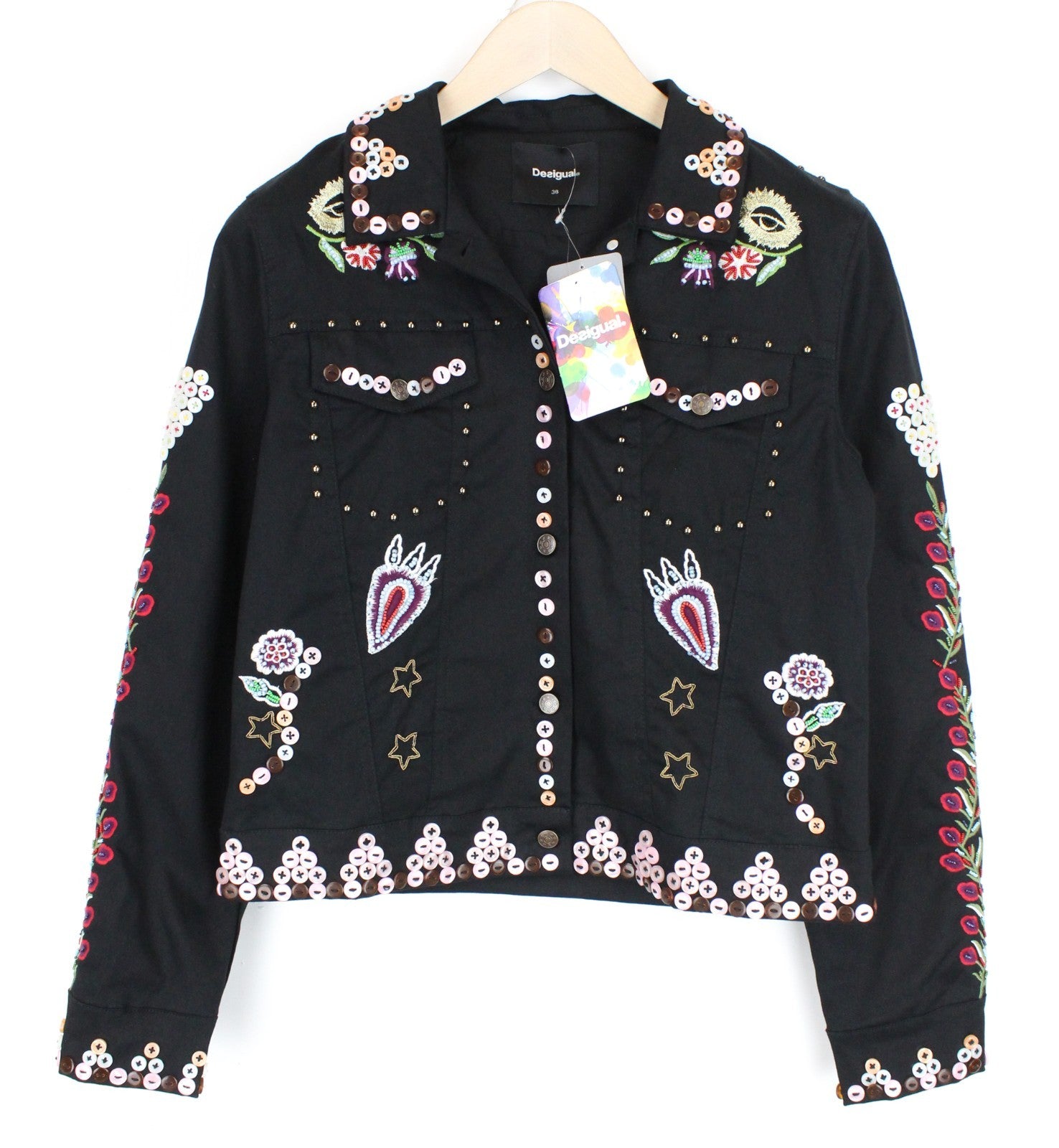 DESIGUAL Chaq Ferrara Women Jacket 38 M Embroidery Short Floral Button Detailed