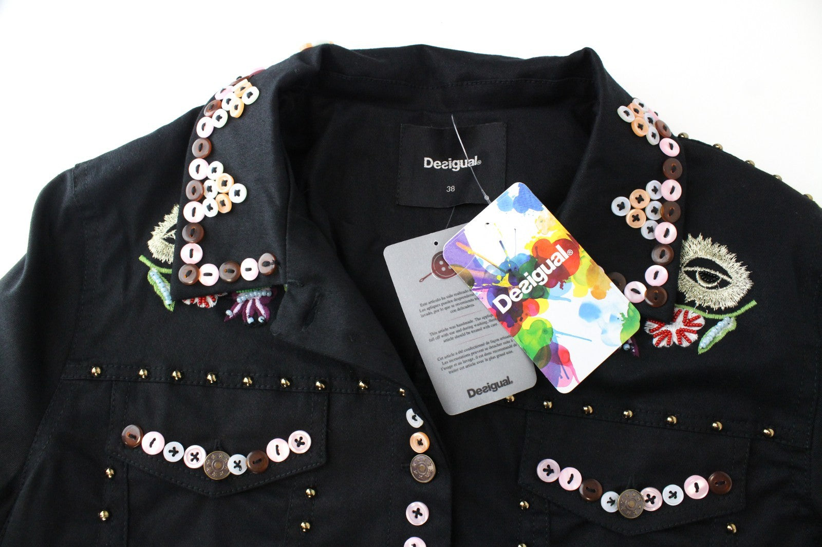 DESIGUAL Chaq Ferrara Women Jacket 38 M Embroidery Short Floral Button Detailed
