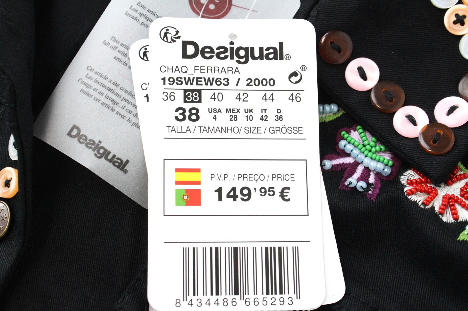 DESIGUAL Chaq Ferrara Women Jacket 38 M Embroidery Short Floral Button Detailed