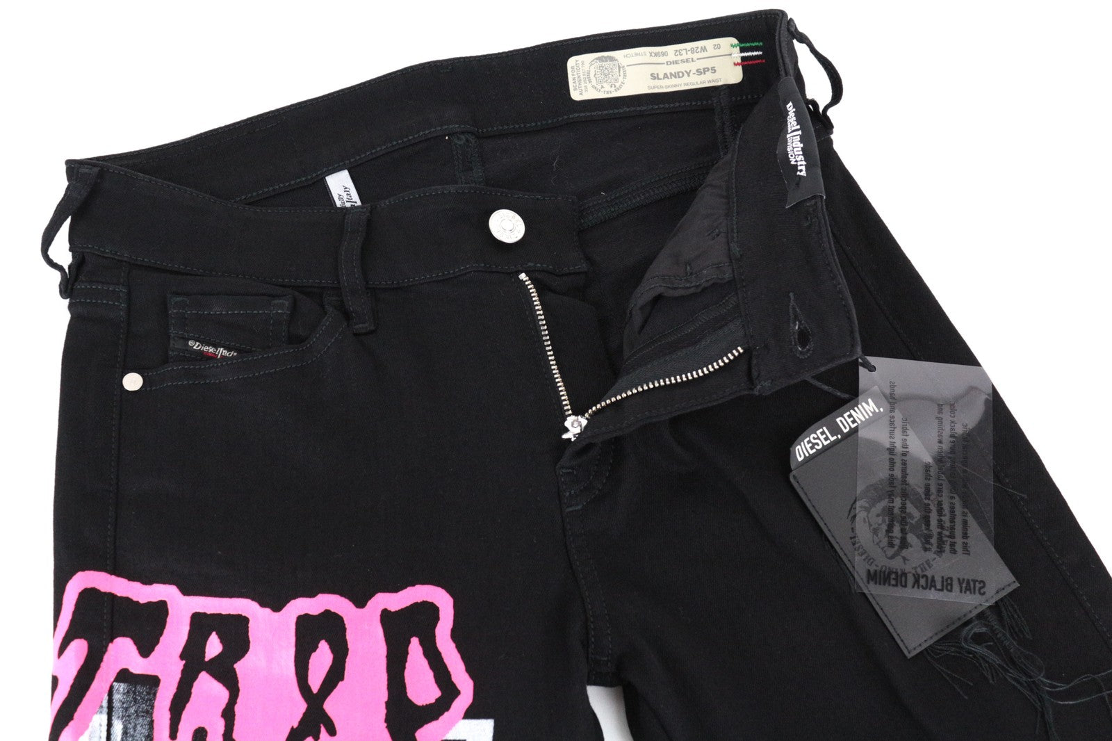 DIESEL Slandy-SP5 069KX Women Jeans W28/L32 Black Stretch Super Skinny Fringes