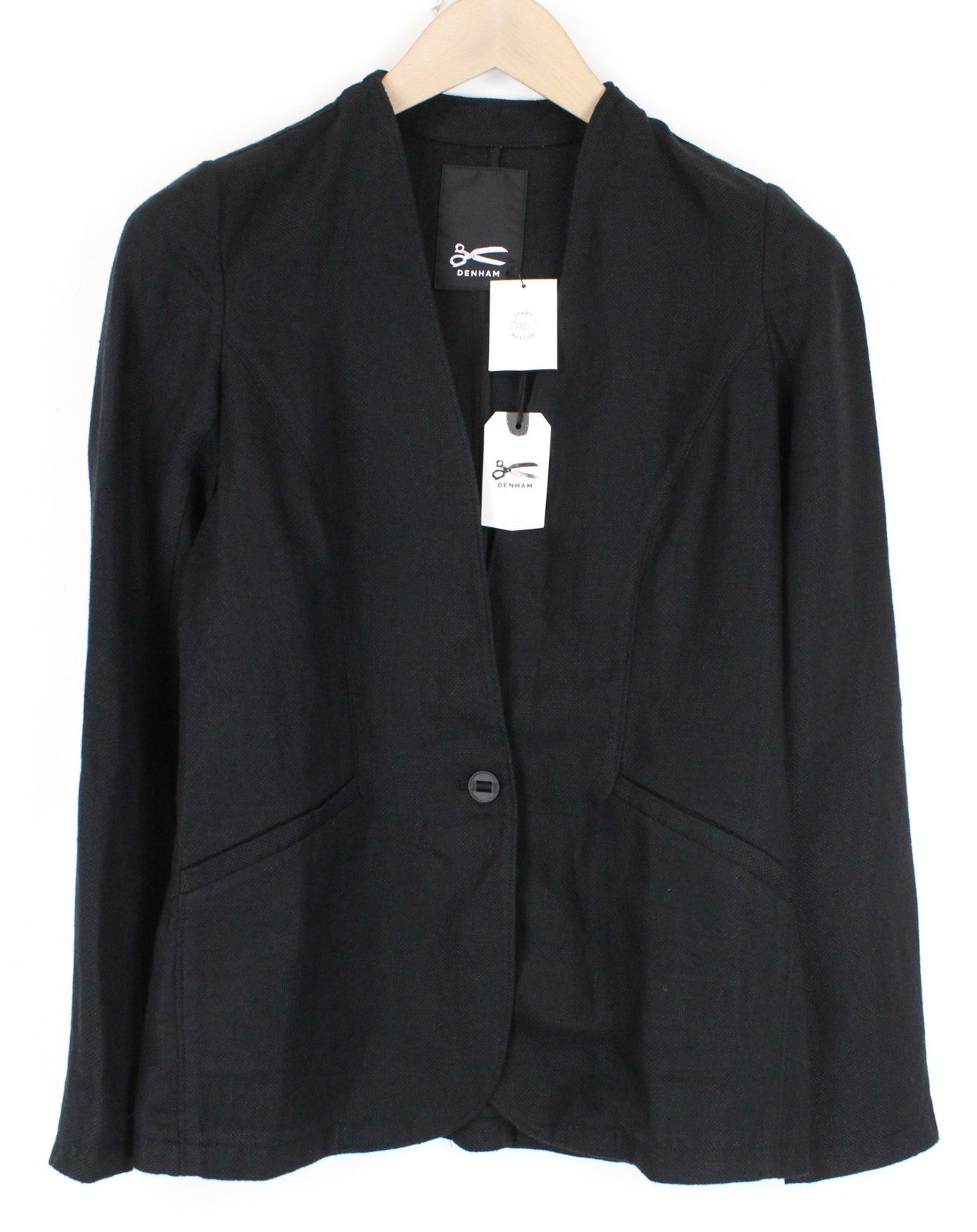 DENHAM Compass Women Blazer XS Collared Twill Black Plain Button Linen Blend