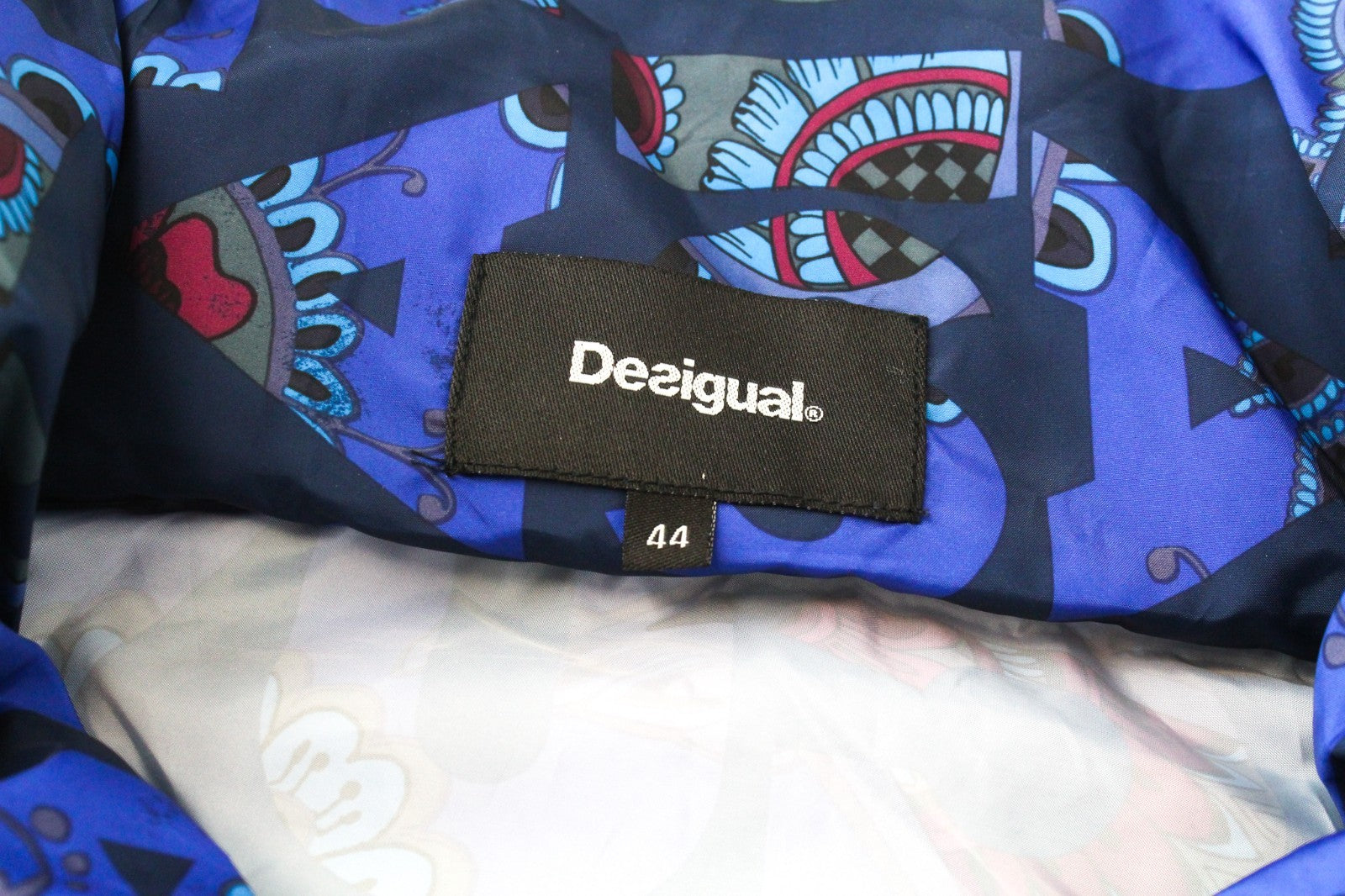 DESIGUAL Chaq Lex Women Jacket 44 Abstract Print Short Blue Hidden Hood Logo