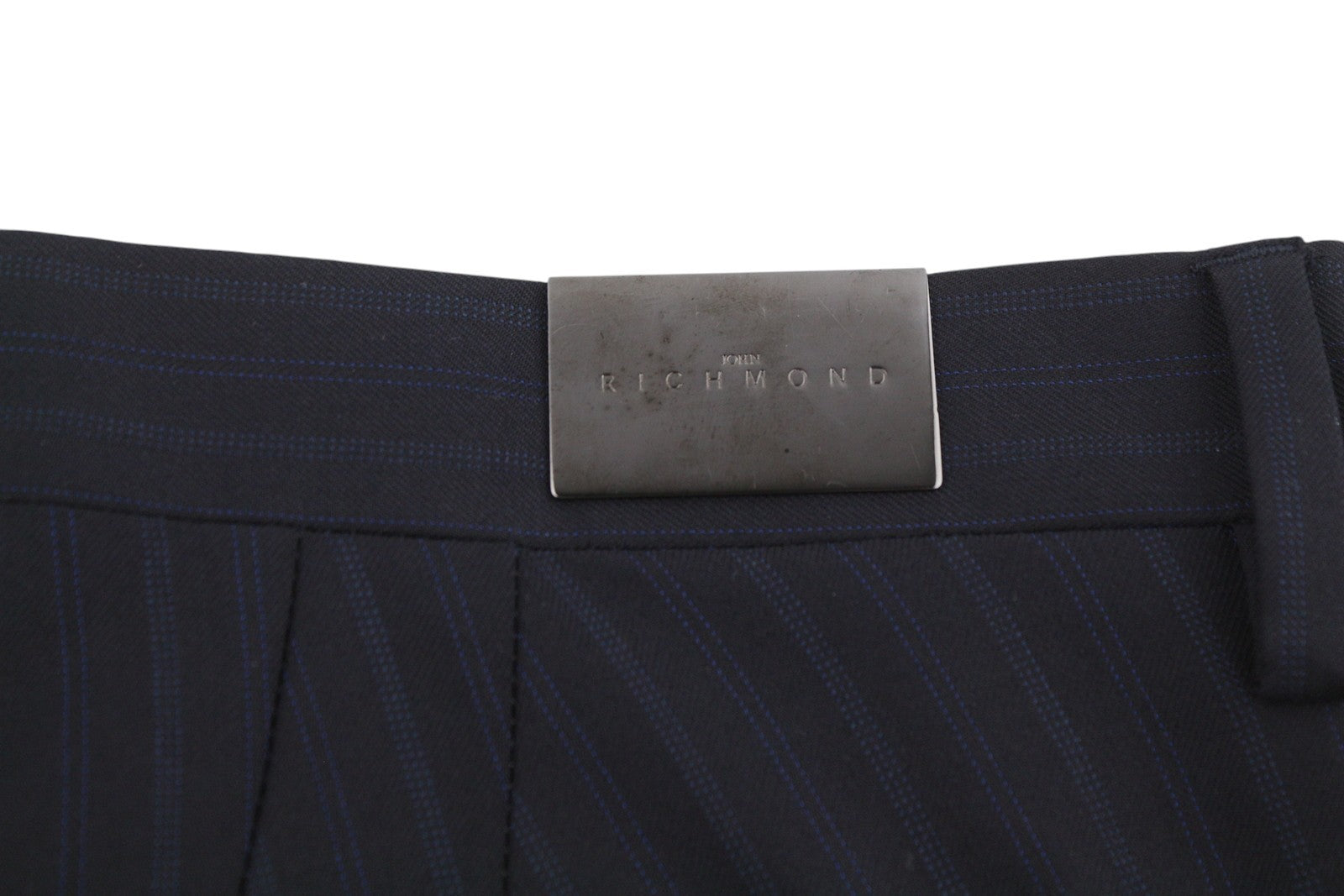 JOHN RICHMOND Women Trousers UK16 W34 Black Wool Pinstriped Flared Zip Fly