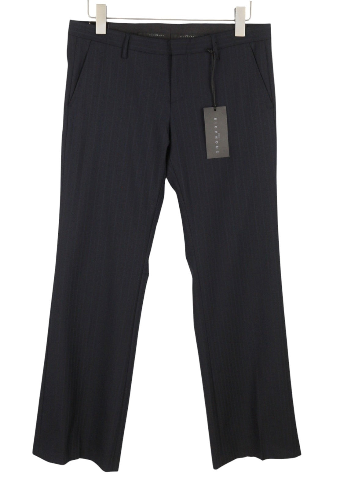 JOHN RICHMOND Women Trousers UK16 W34 Black Wool Pinstriped Flared Zip Fly