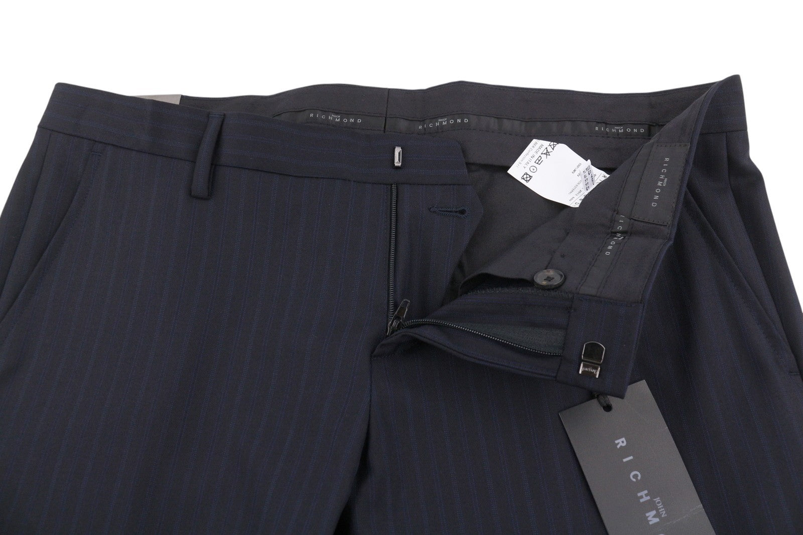 JOHN RICHMOND Women Trousers UK16 W34 Black Wool Pinstriped Flared Zip Fly