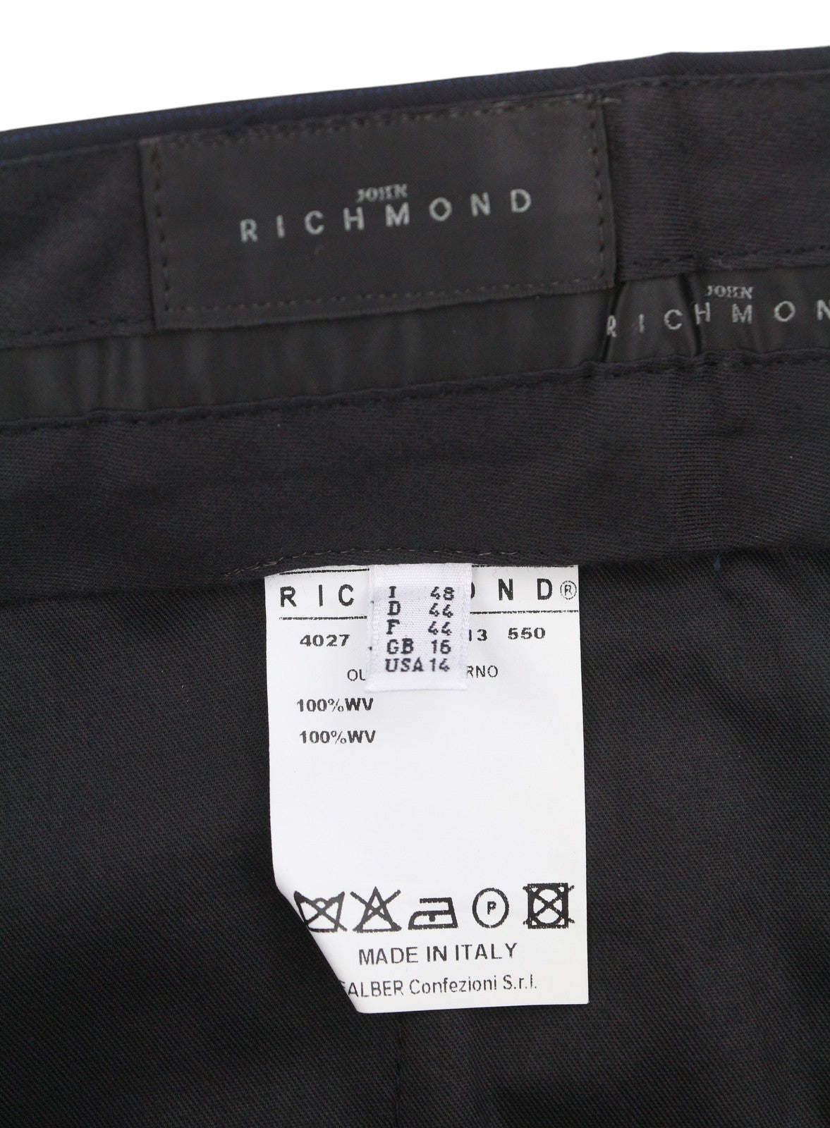 JOHN RICHMOND Women Trousers UK16 W34 Black Wool Pinstriped Flared Zip Fly