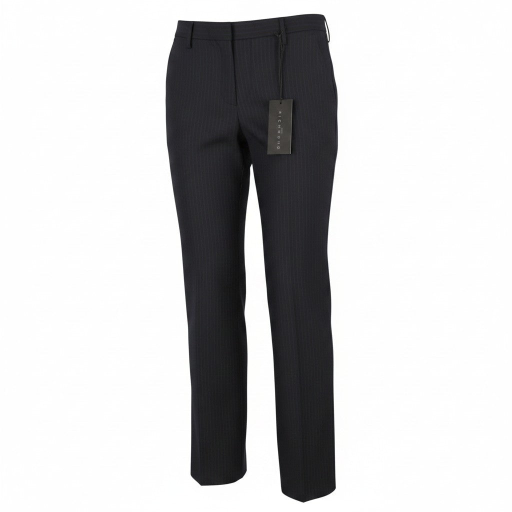 JOHN RICHMOND Women Trousers UK16 W35 Black Wool Pinstriped Flared Zip Fly