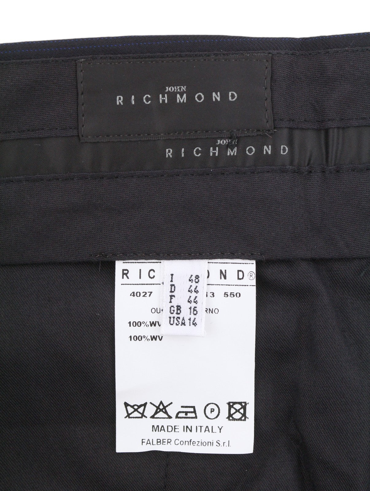 JOHN RICHMOND Women Trousers UK16 W35 Black Wool Pinstriped Flared Zip Fly