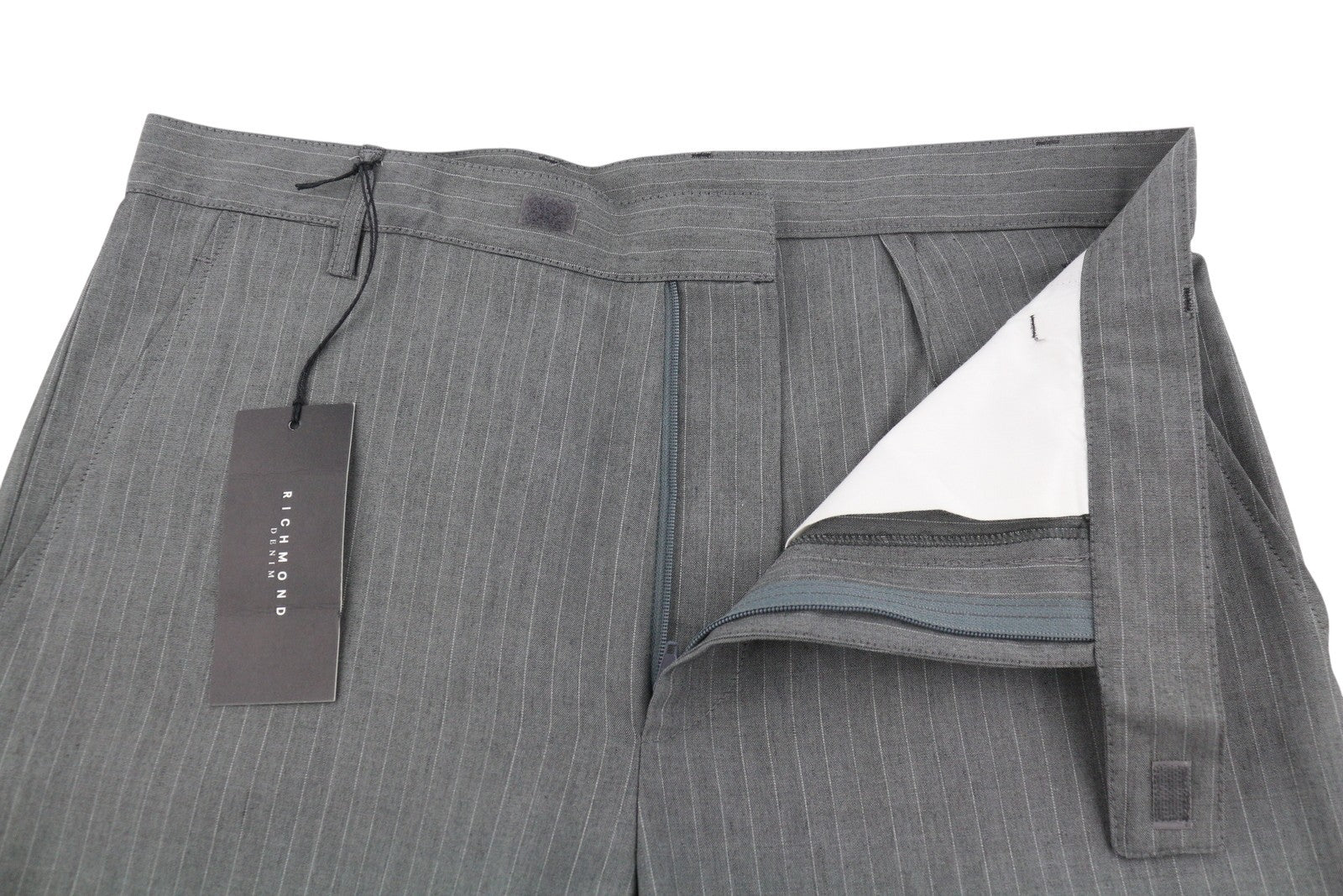 RICHMOND Women Trousers UK16 W32 Grey Pinstriped Melange Linen Blend Straight