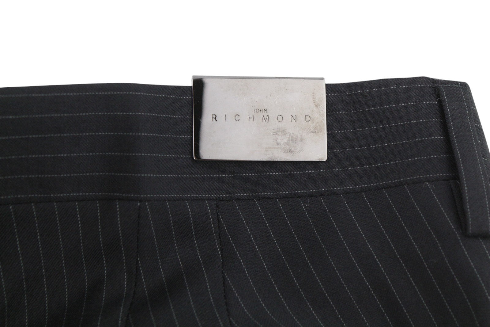 JOHN RICHMOND Women Trousers UK16 W34 Black Pinstriped Wool Straight Fit