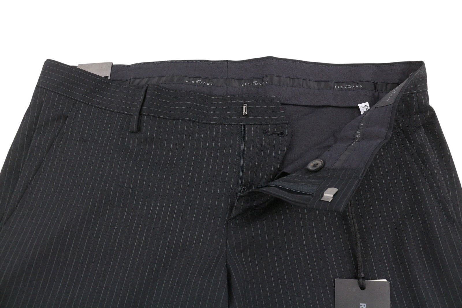 JOHN RICHMOND Women Trousers UK16 W34 Black Pinstriped Wool Straight Fit