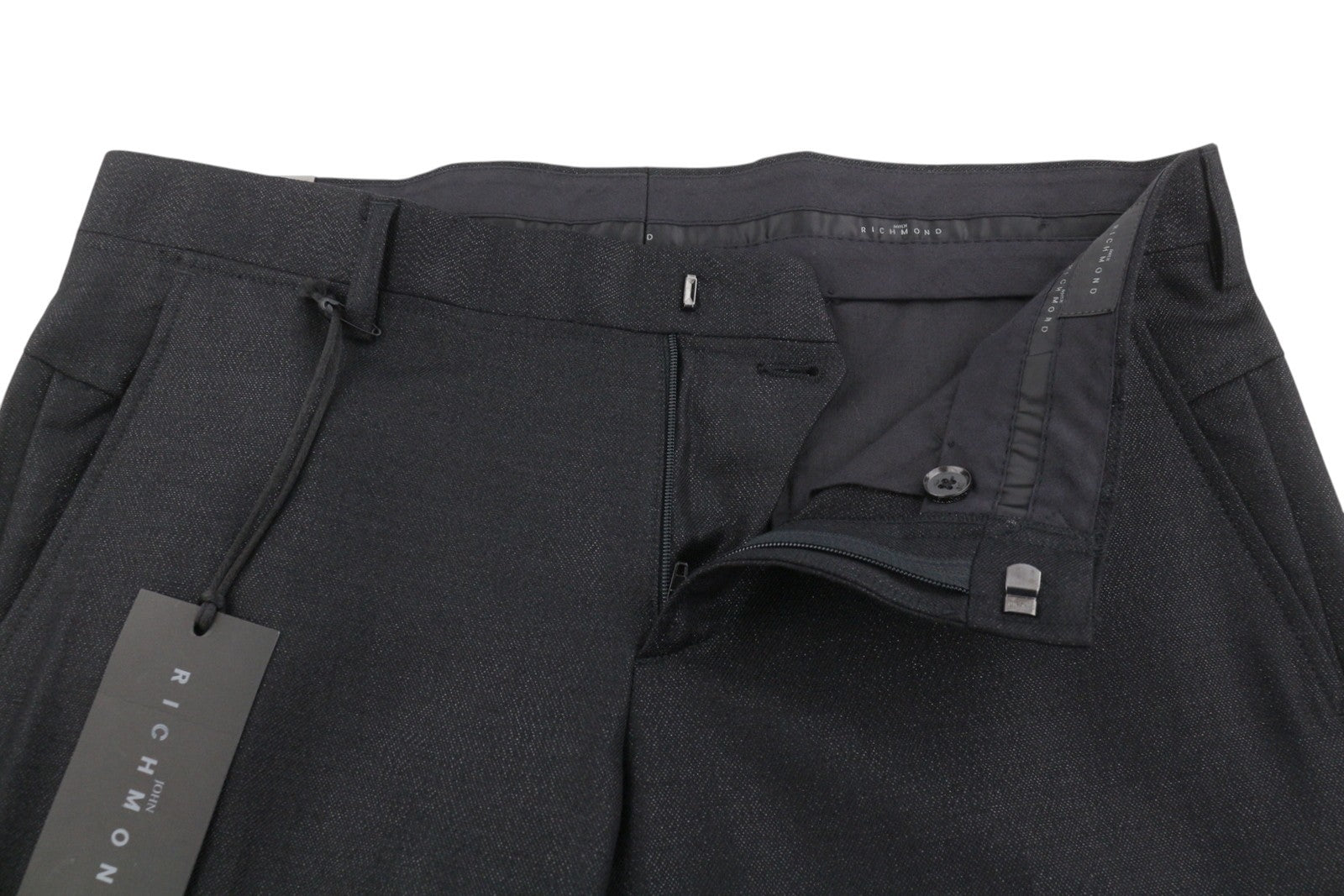 JOHN RICHMOND Women Trousers UK16 W34 Black Wool Glitter Look Zip Fly Straight