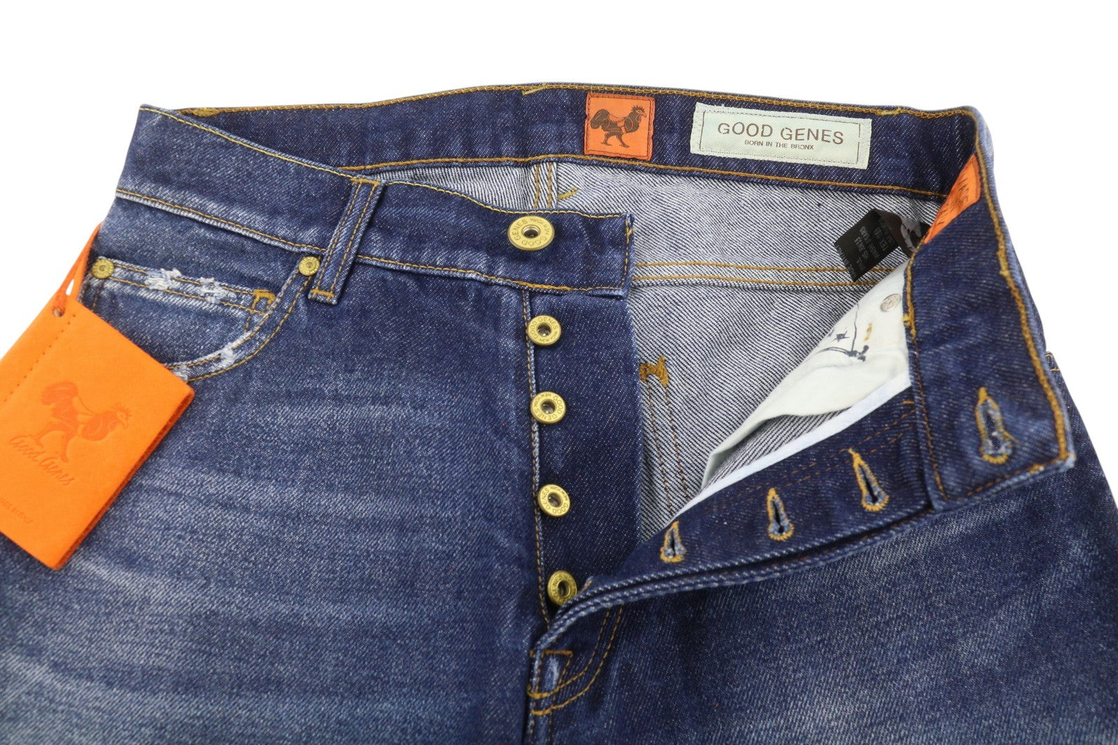 GOOD GENES Men Jeans W29/L34 Blue Whiskers Faded Distress Slim Fit Button Fly