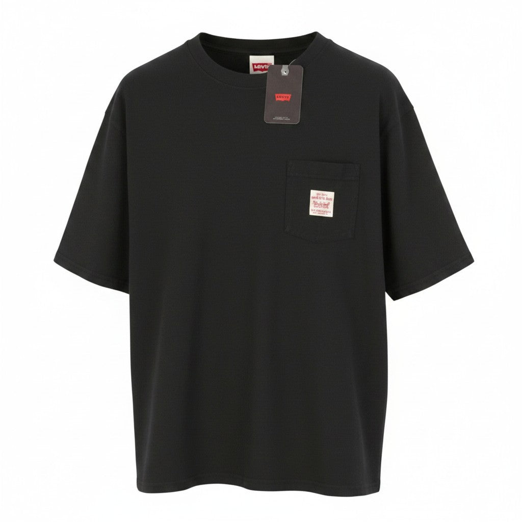 LEVI'S Loose Men T-Shirt XL Black Tricot Crew Neck Patch Pocket Short Sleeve