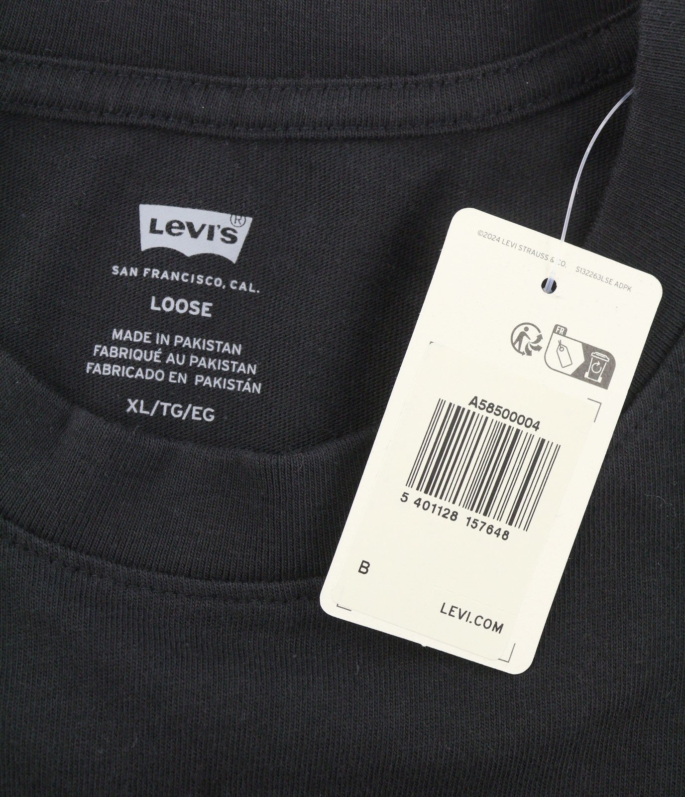 LEVI'S Loose Men T-Shirt XL Black Tricot Crew Neck Patch Pocket Short Sleeve