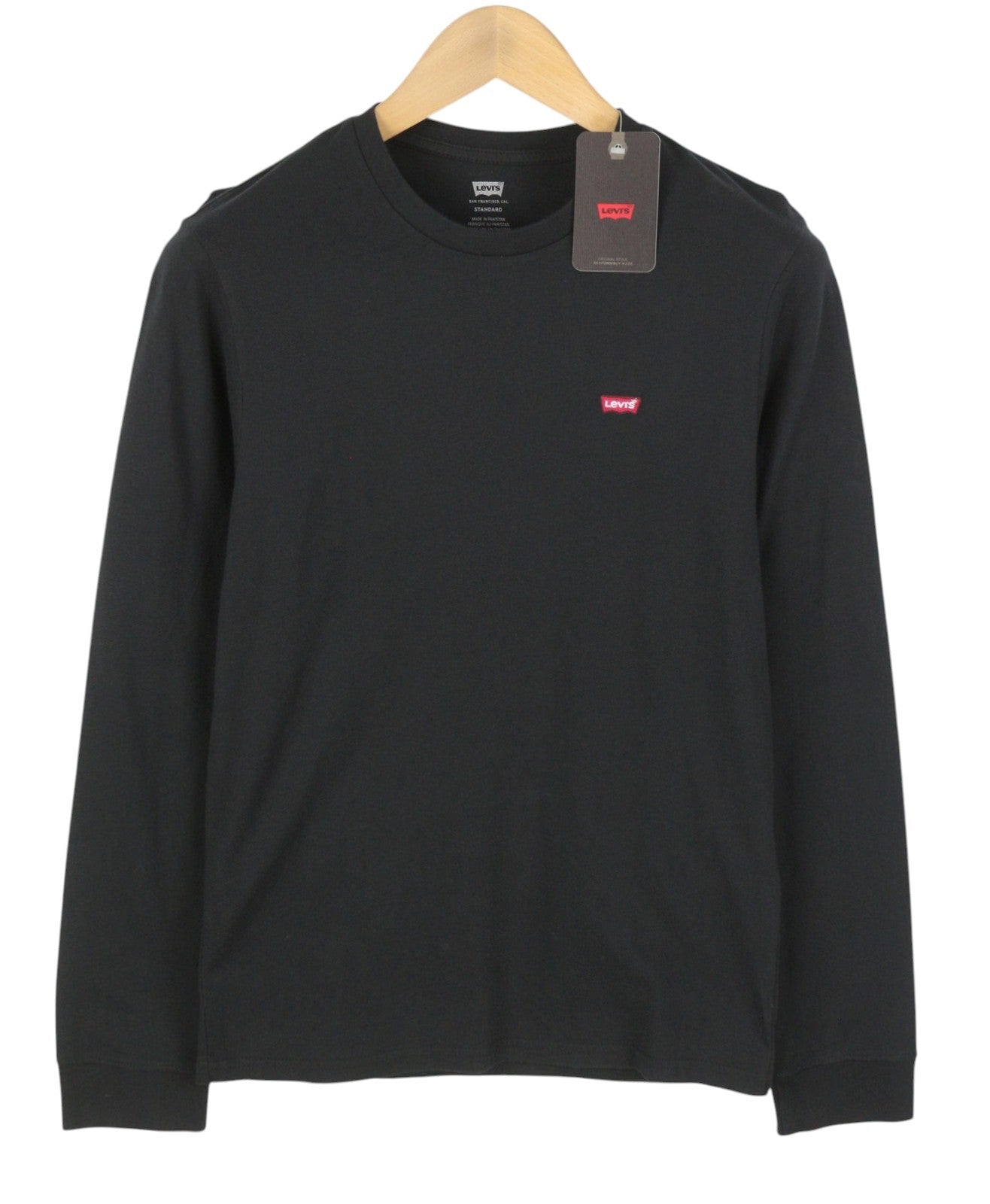LEVI'S Standard Men T-Shirt XS Black Tricot Cotton Crew Long Sleeved
