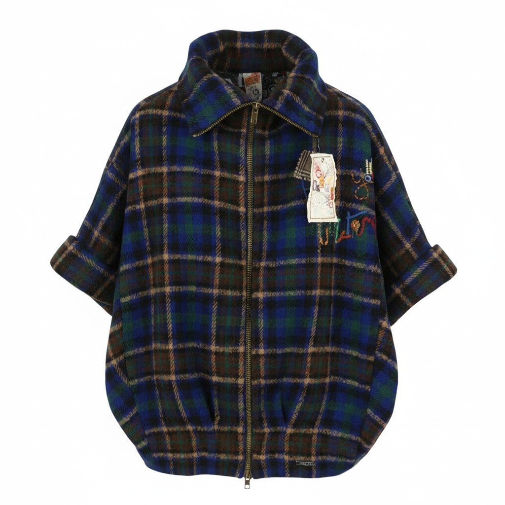 DESIGUAL Women Coat 42 XL Multicolored Plaid Flannel Wool Blend 3/4 Sleeved