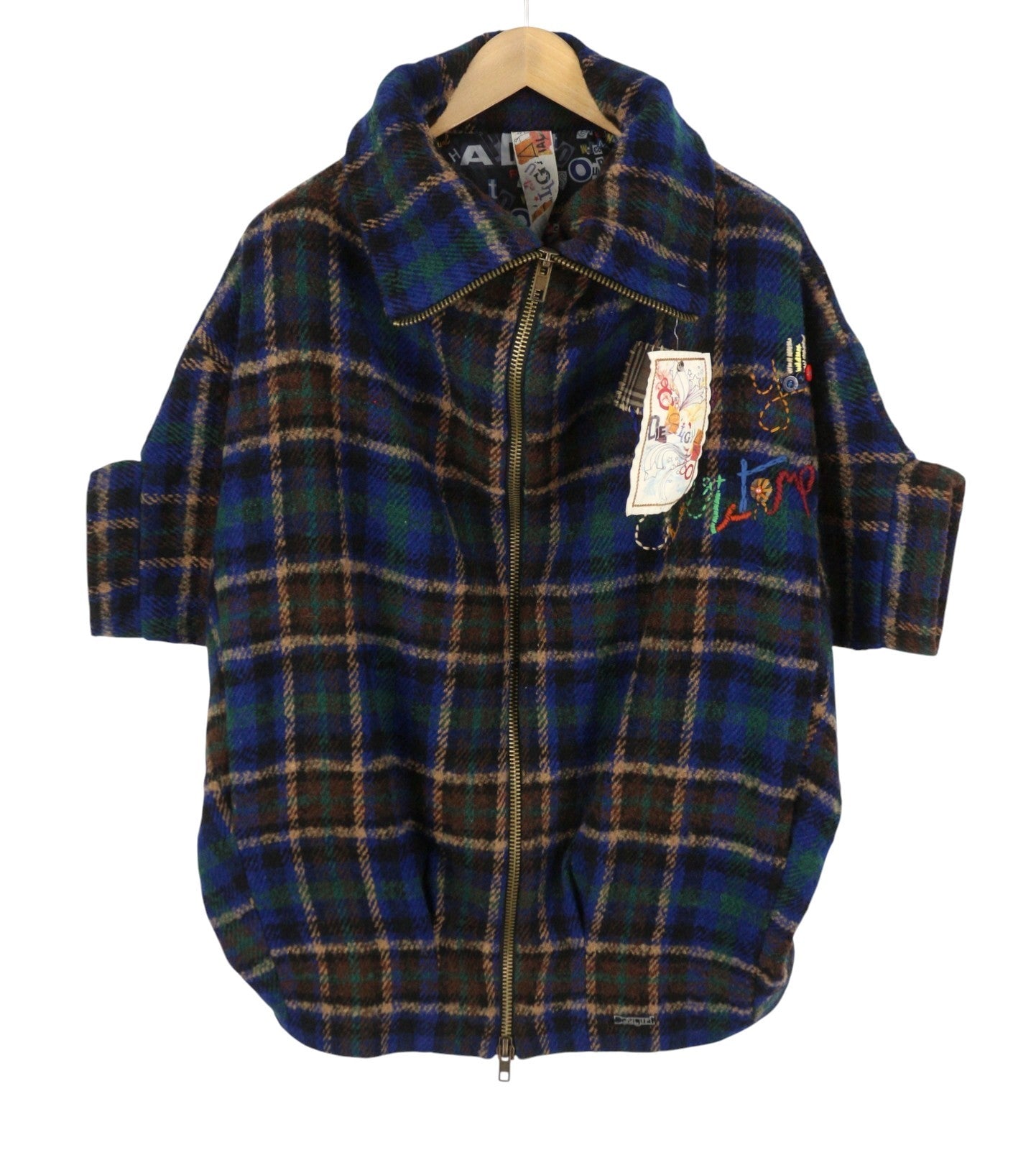 DESIGUAL Women Coat 42 XL Multicolored Plaid Flannel Wool Blend 3/4 Sleeved