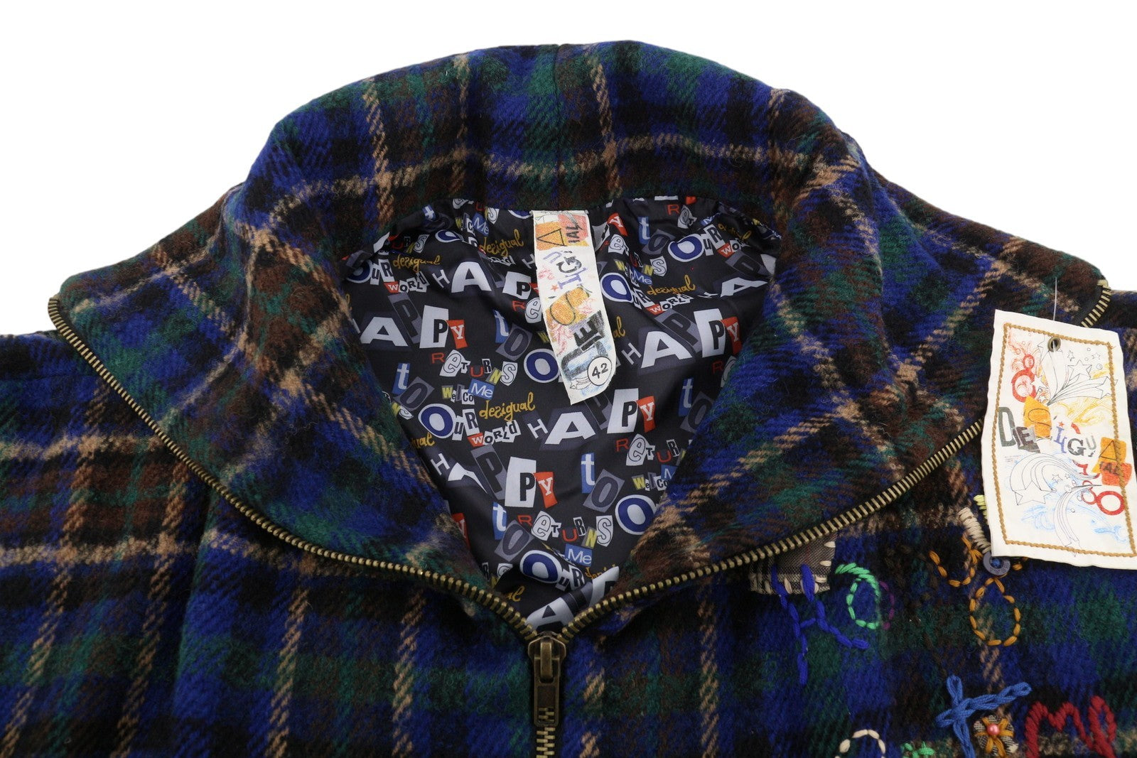 DESIGUAL Women Coat 42 XL Multicolored Plaid Flannel Wool Blend 3/4 Sleeved
