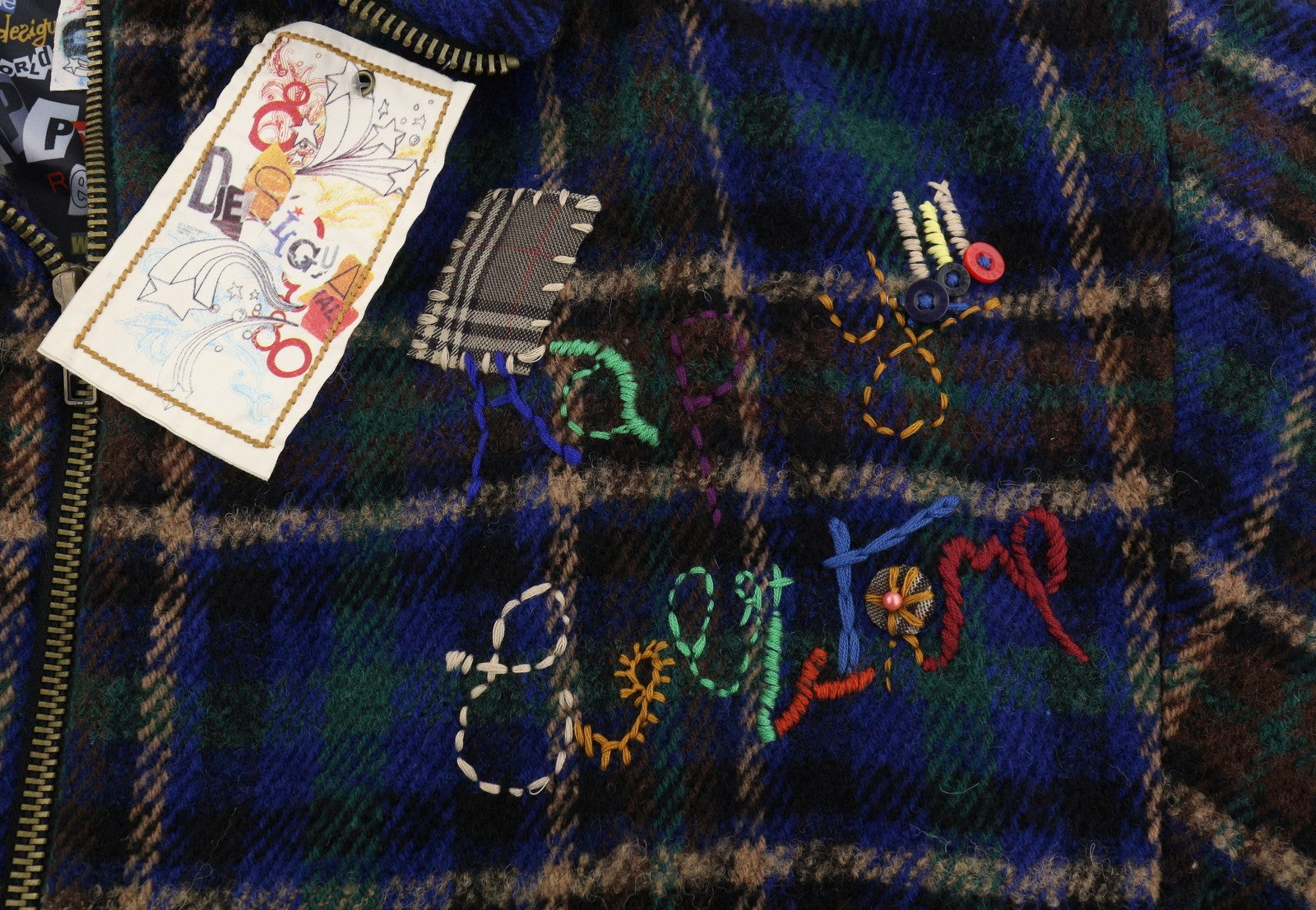 DESIGUAL Women Coat 42 XL Multicolored Plaid Flannel Wool Blend 3/4 Sleeved