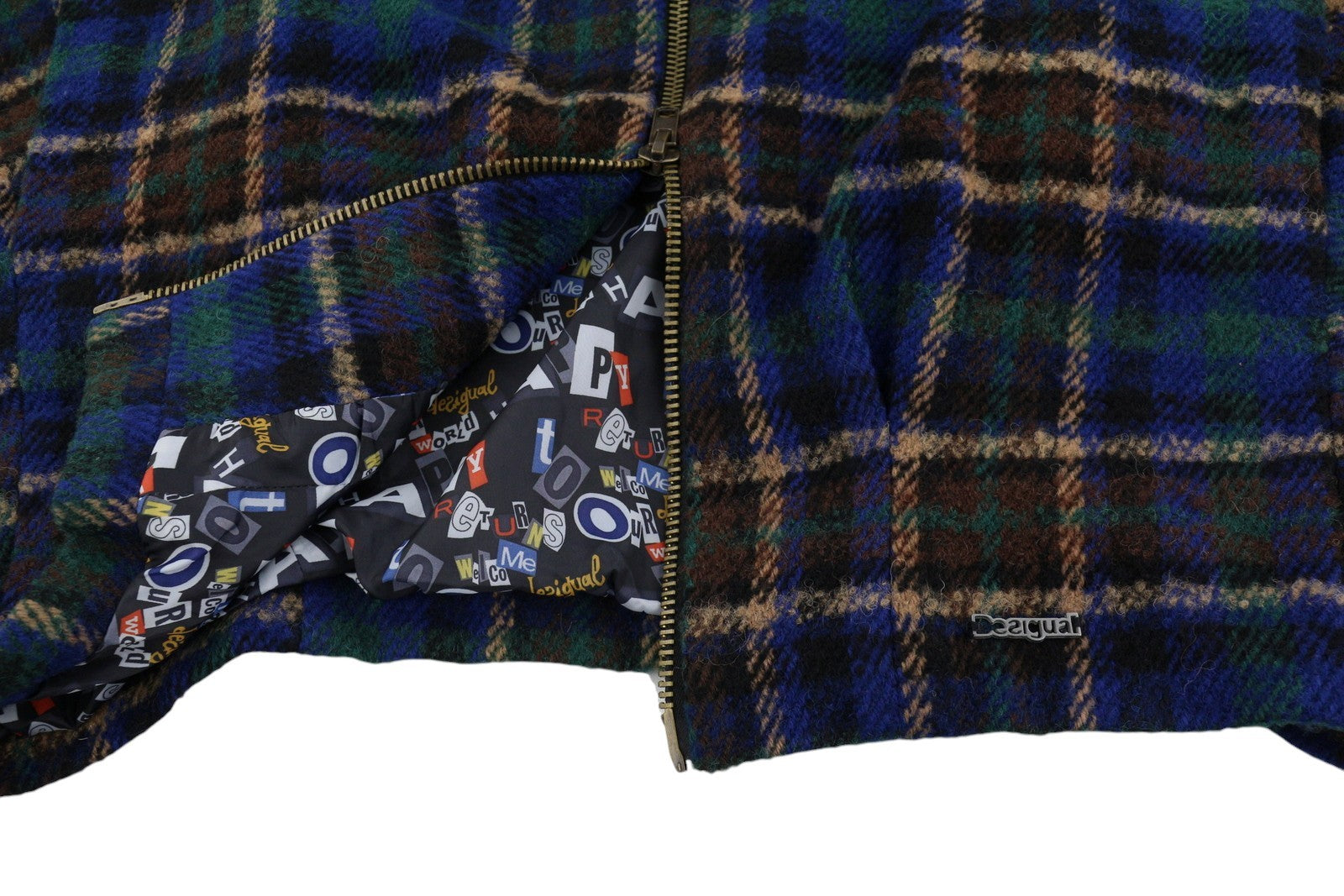 DESIGUAL Women Coat 42 XL Multicolored Plaid Flannel Wool Blend 3/4 Sleeved