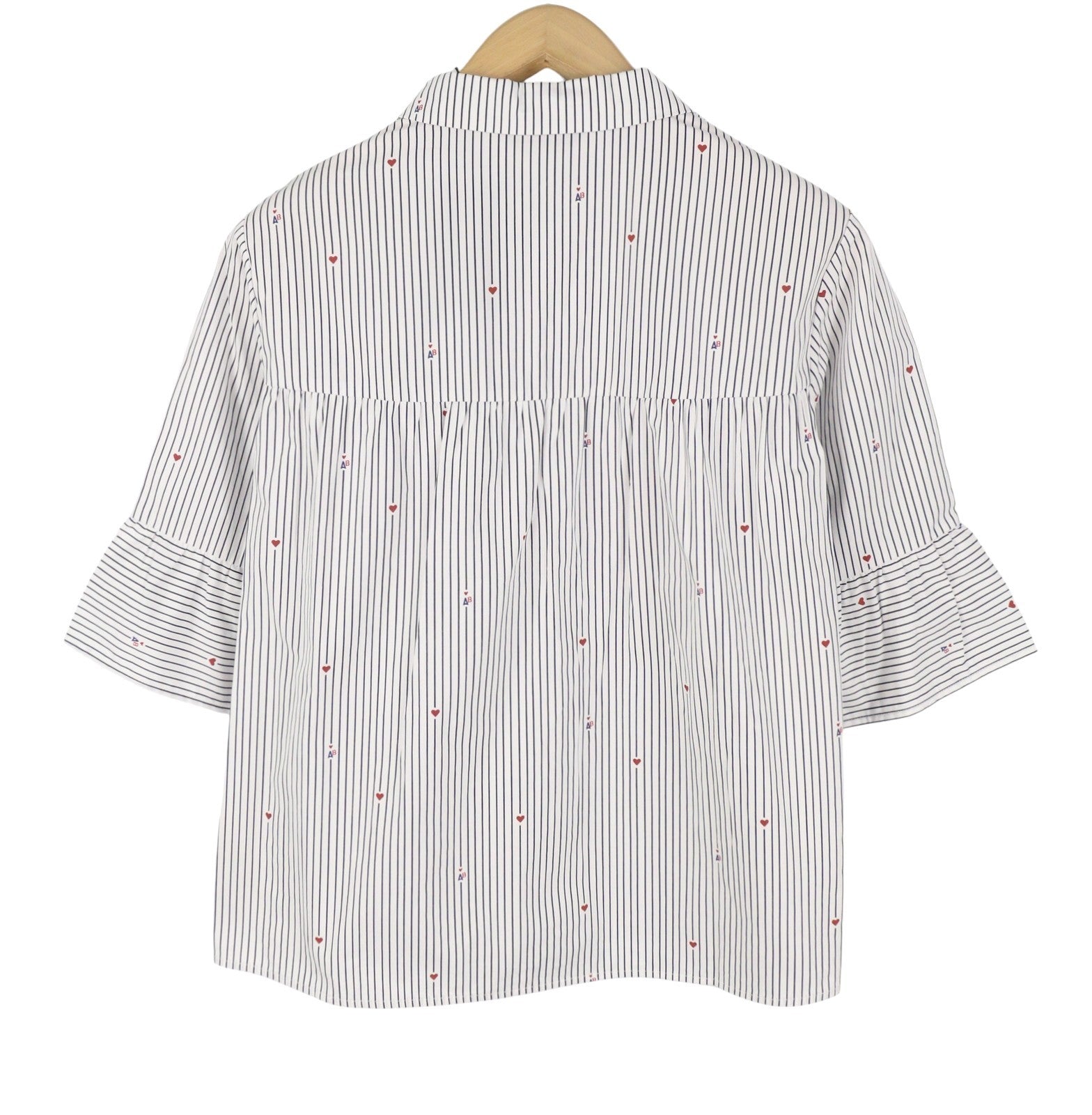 SCOTCH & SODA Women Shirt L White Pinstriped Hear Print Button-Up 3/4 Sleeves