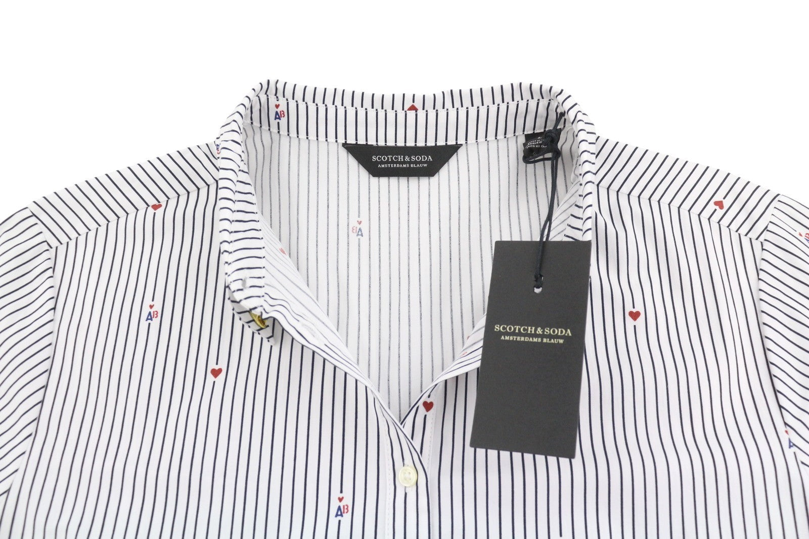 SCOTCH & SODA Women Shirt L White Pinstriped Hear Print Button-Up 3/4 Sleeves