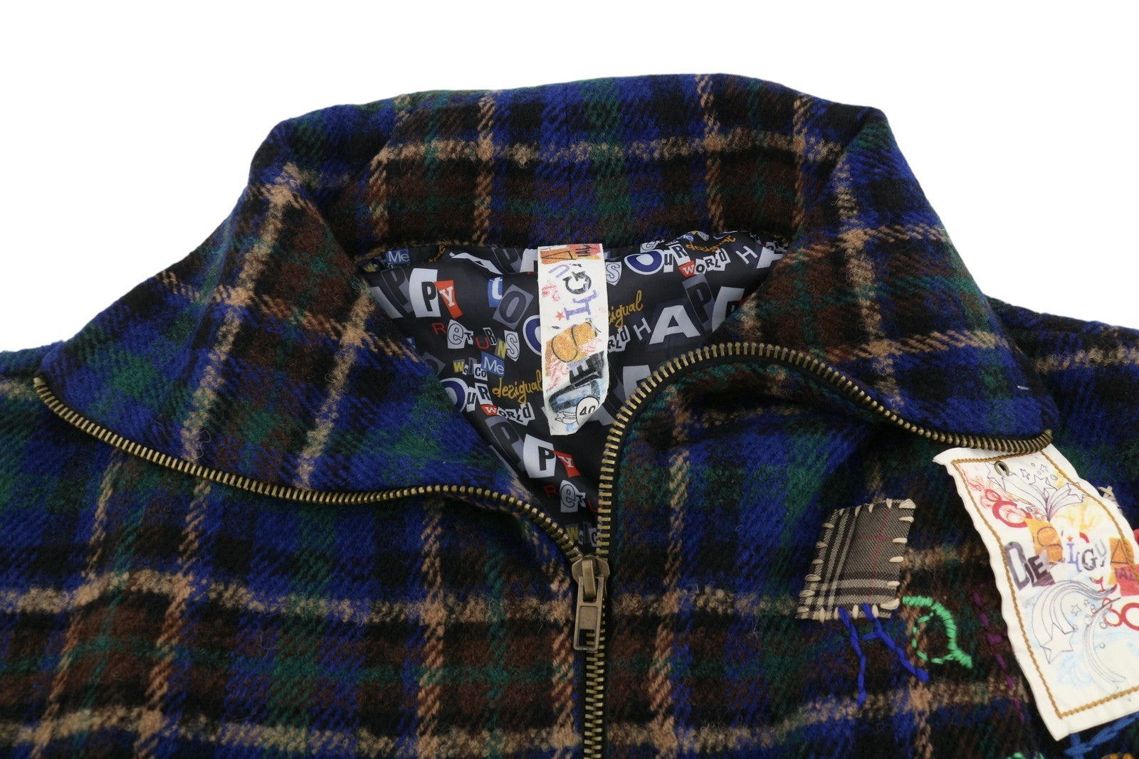 DESIGUAL Women Coat 40 L Multicolored Plaid Flannel Wool Blend 3/4 Sleeved