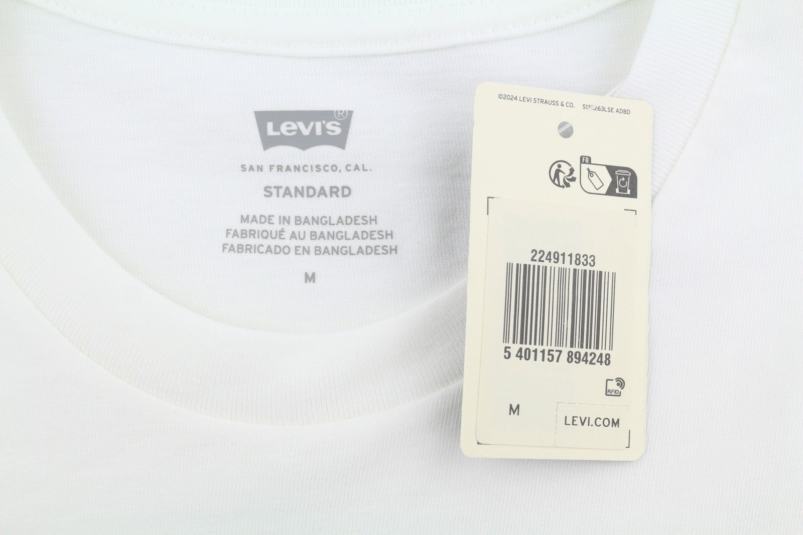 LEVI'S Standard Men T-Shirt M White Tricot Cotton Crew Neck Short Sleeve