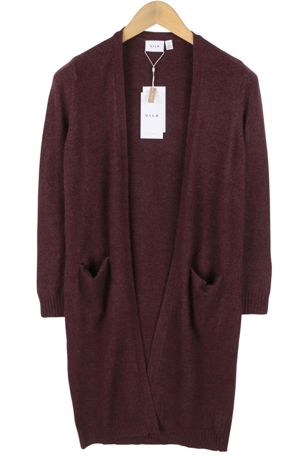 VILA Ril L/S Long Knit Cardigan Women Jumper S Burgundy Pockets Mid-Length