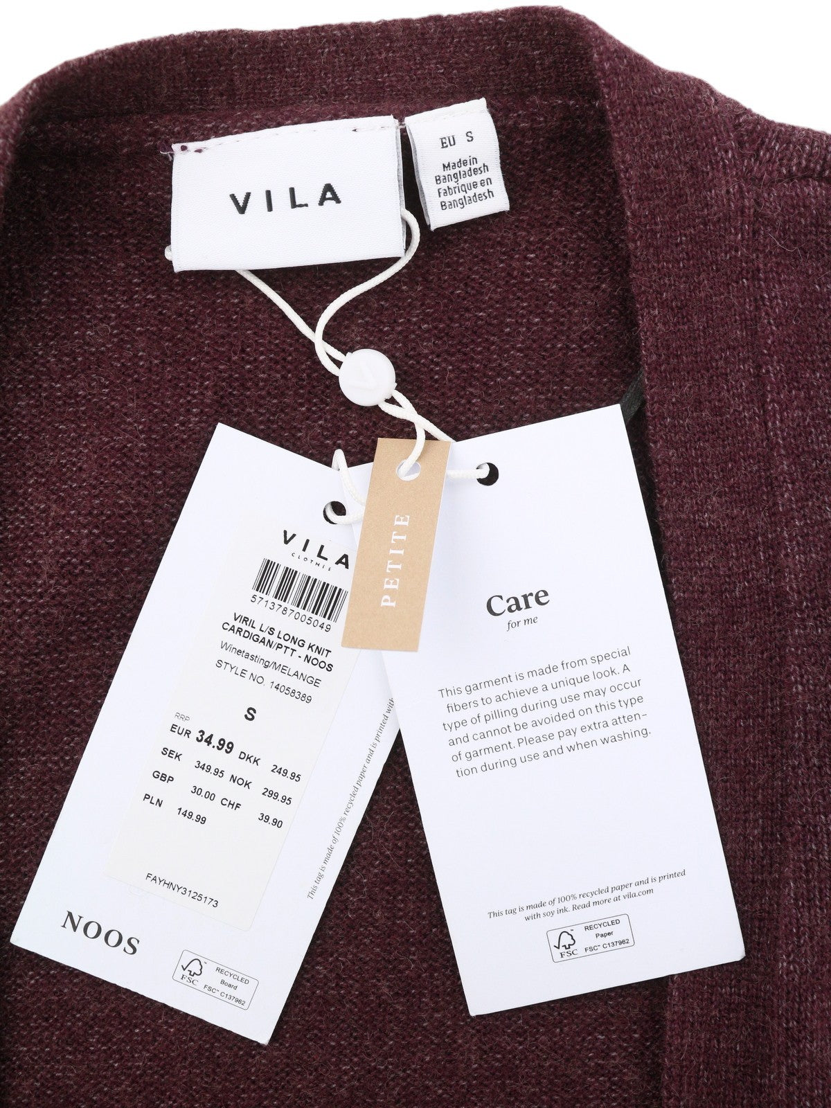 VILA Ril L/S Long Knit Cardigan Women Jumper S Burgundy Pockets Mid-Length