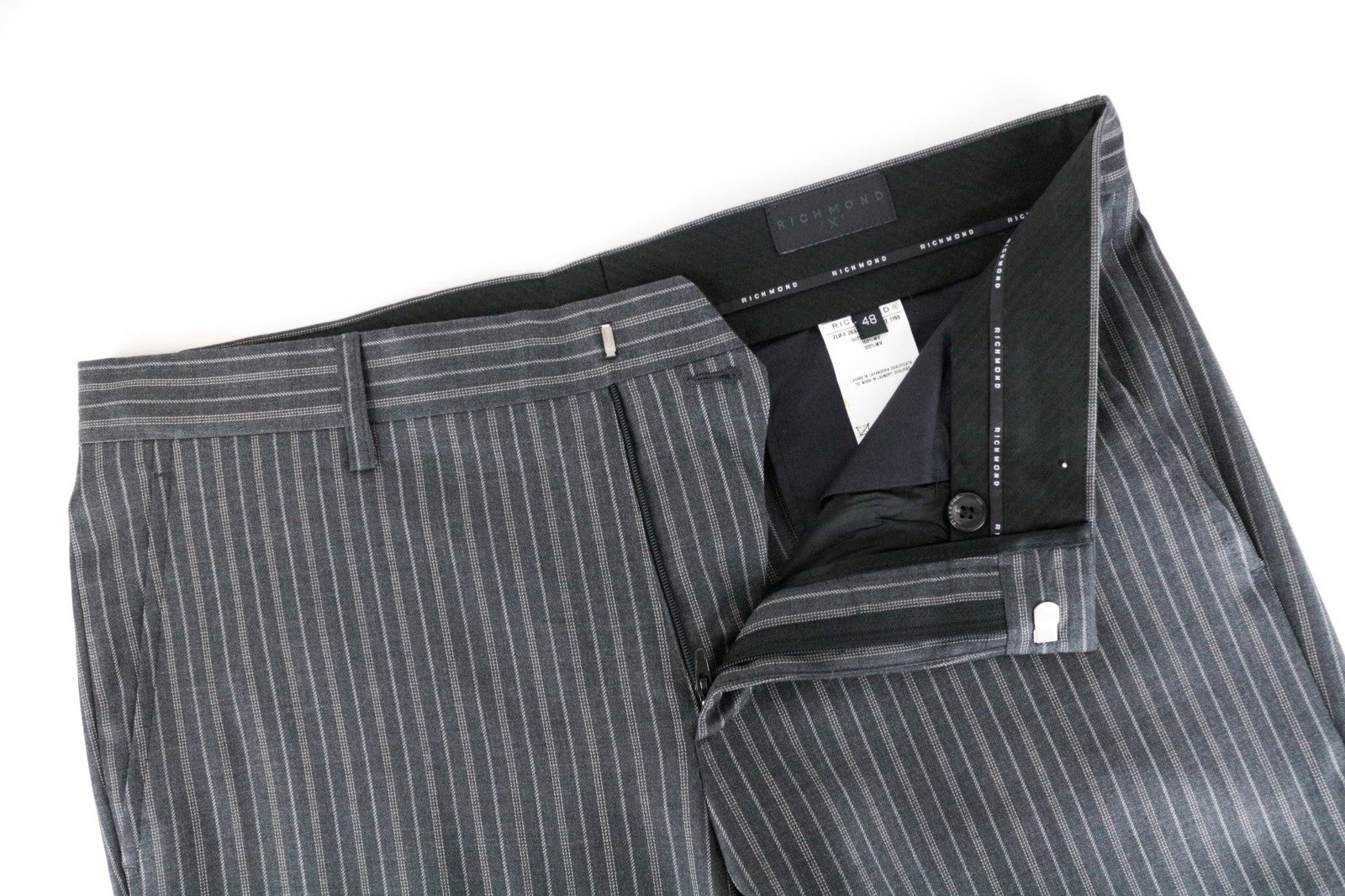 RICHMOND X Men Trousers 48 Classic Pocketed Striped Grey Zip-Fly Virgin Wool