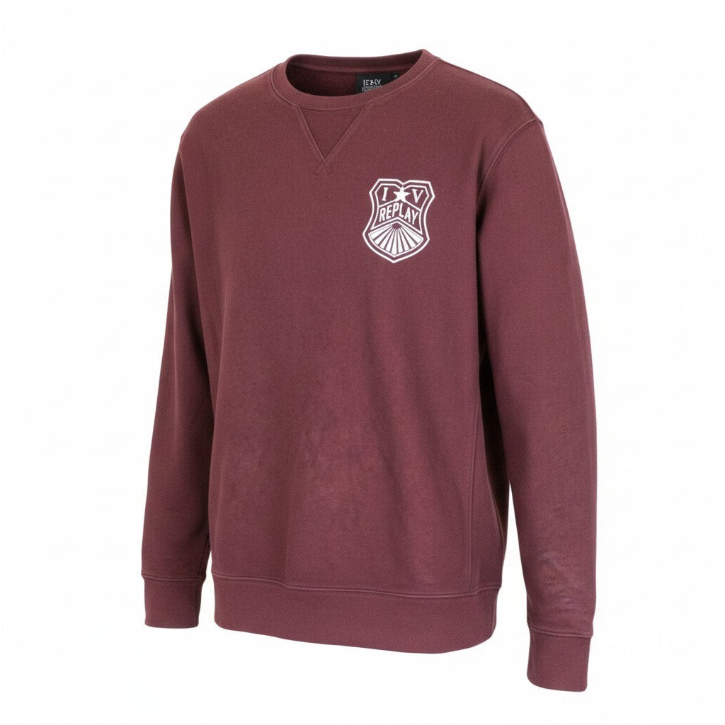 REPLAY Men Sweatshirt 2XL Pure Cotton Logo Print Burgundy Crew Neckline Casual