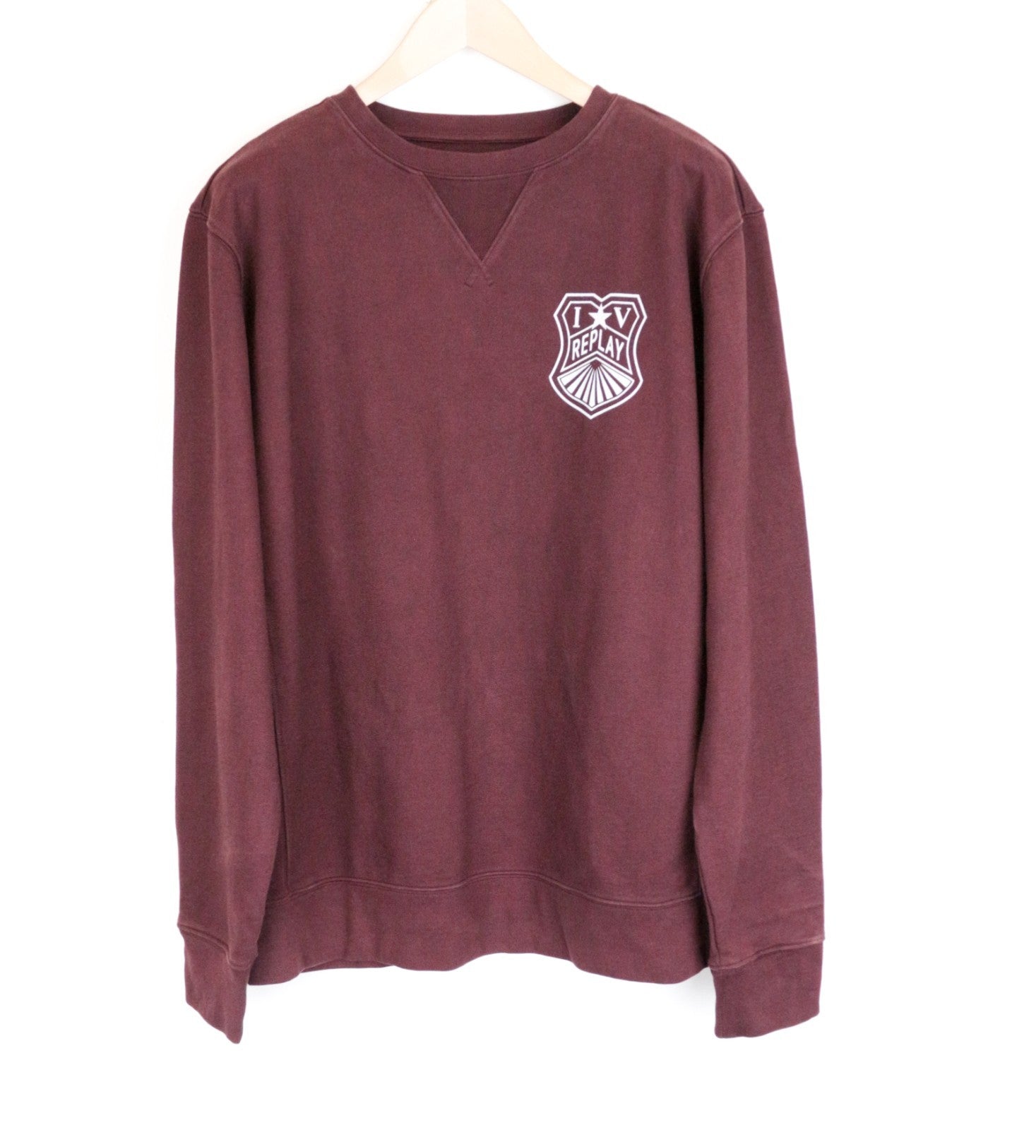 REPLAY Men Sweatshirt 2XL Pure Cotton Logo Print Burgundy Crew Neckline Casual