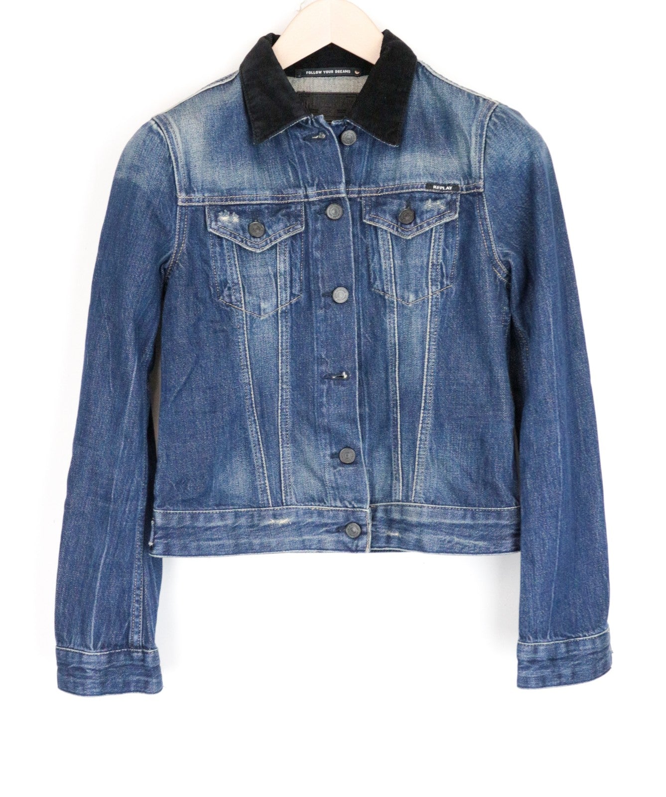 REPLAY Women Jacket XS Washed Out Denim Short Length Black Collar Distressed