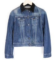 REPLAY Women Jacket XS Washed Out Denim Short Length Black Collar Distressed