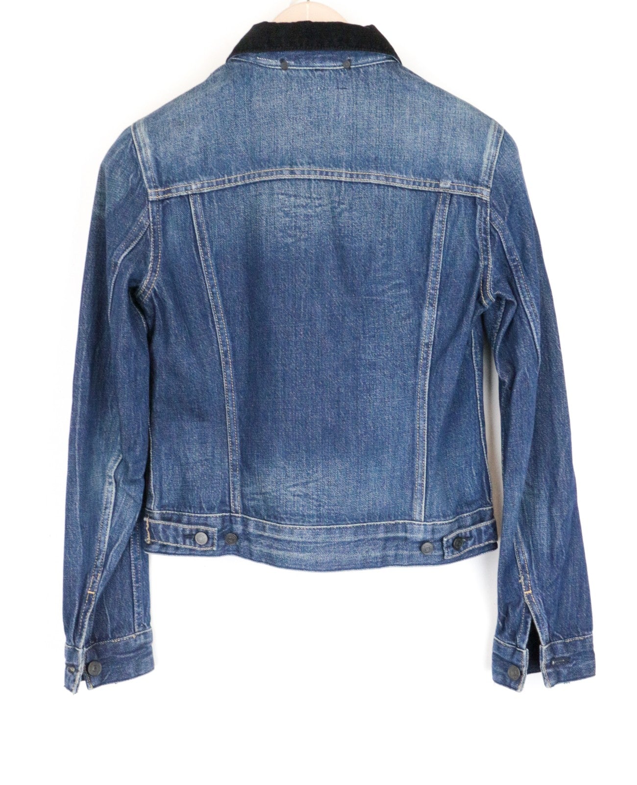 REPLAY Women Jacket XS Washed Out Denim Short Length Black Collar Distressed
