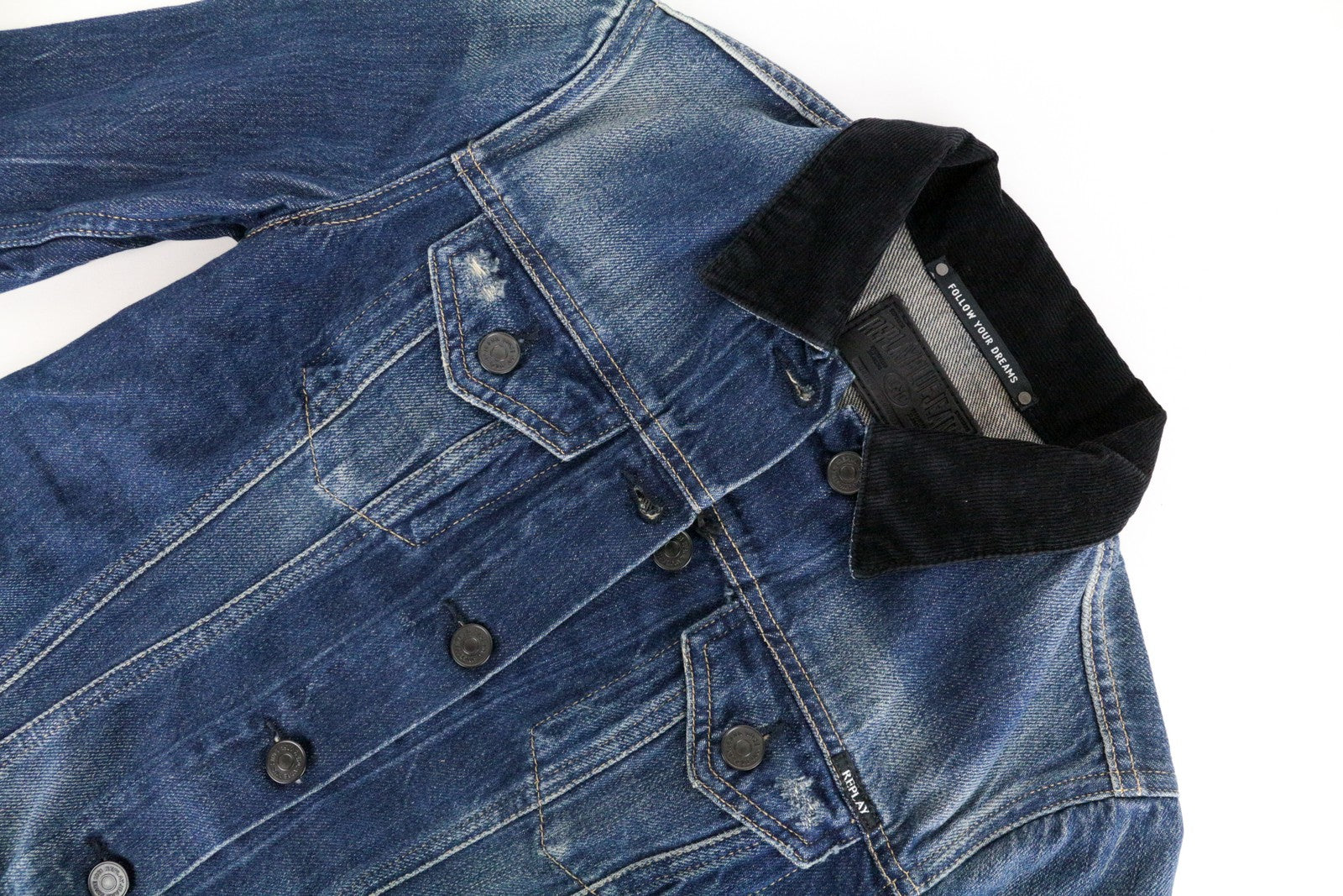 REPLAY Women Jacket XS Washed Out Denim Short Length Black Collar Distressed