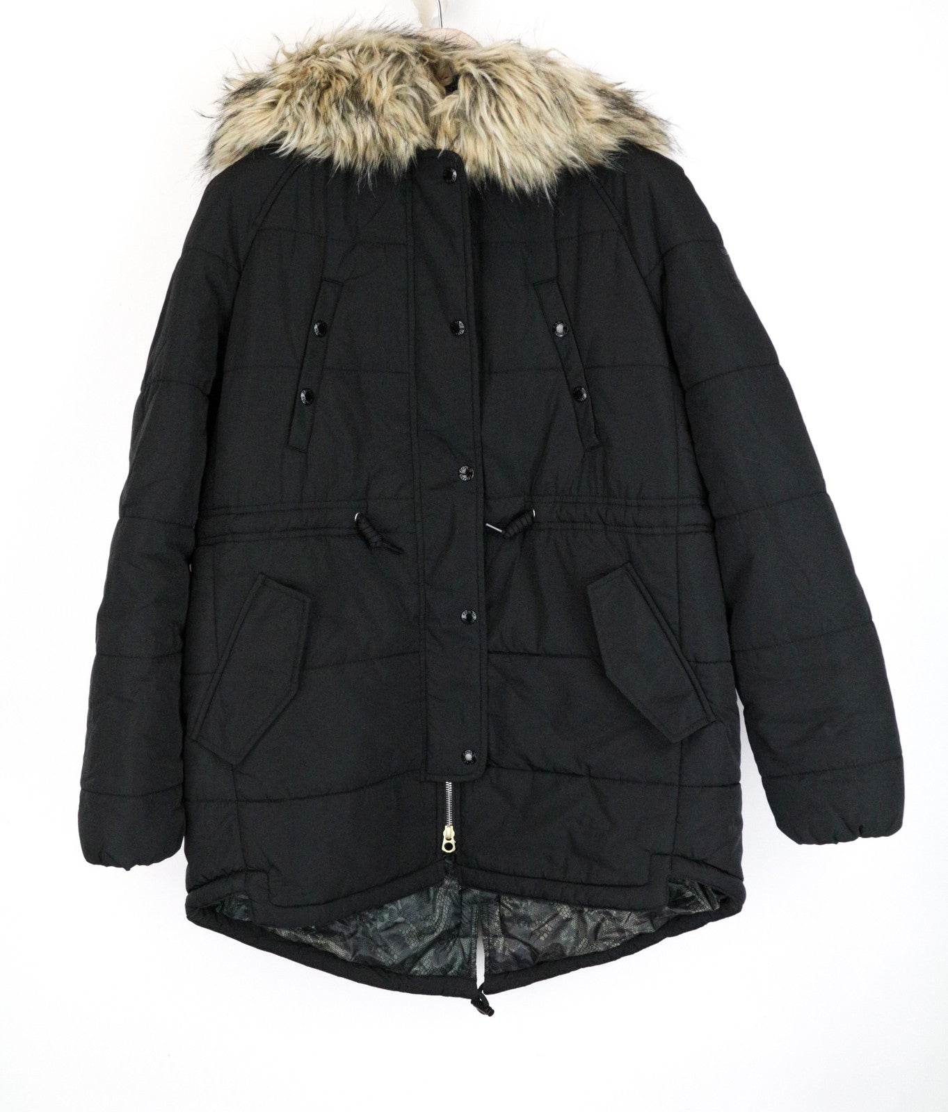 REPLAY Women Jacket S Faux Fur Hooded Padded Quilted Mid-Length Pocketed Black