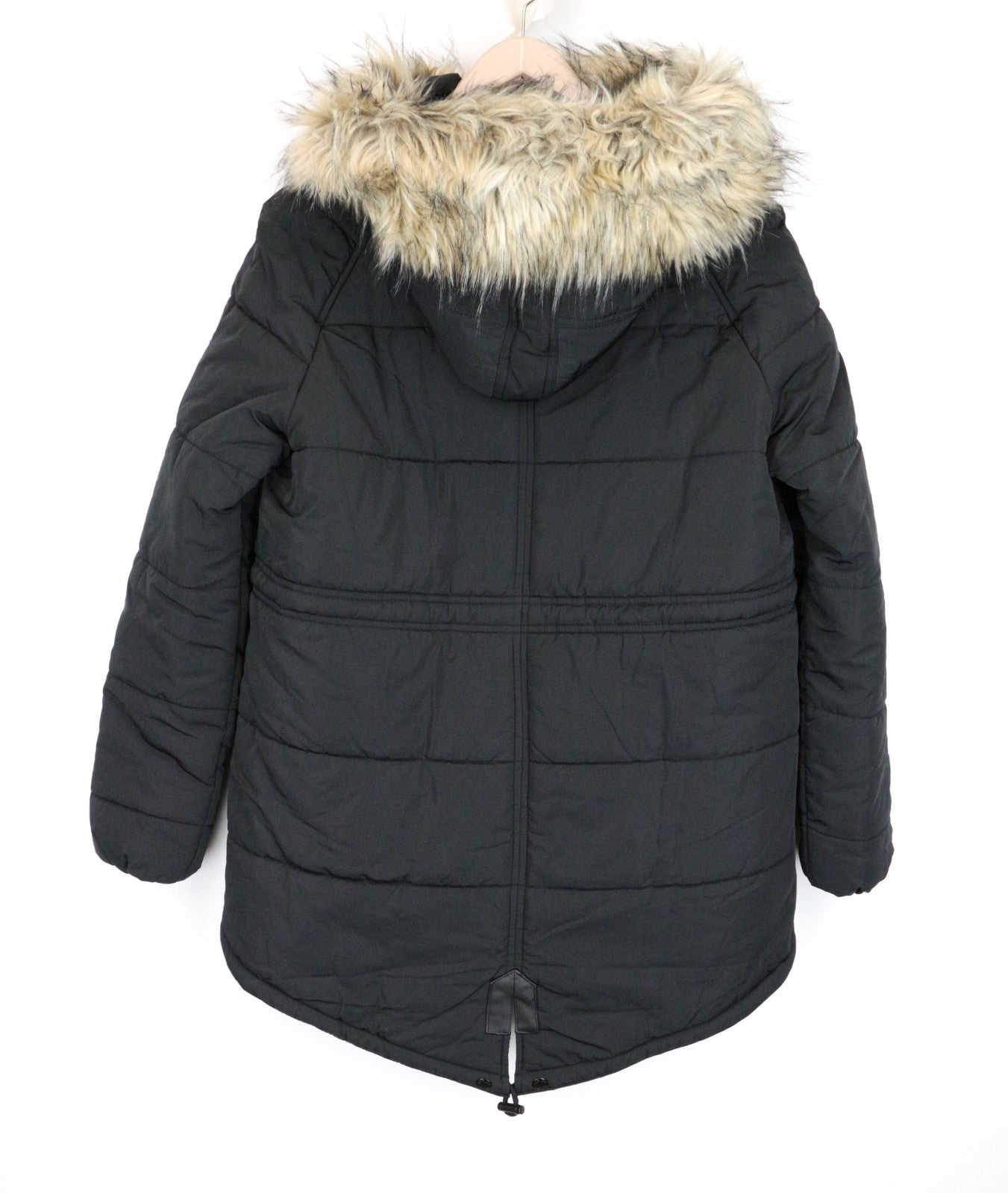 REPLAY Women Jacket S Faux Fur Hooded Padded Quilted Mid-Length Pocketed Black