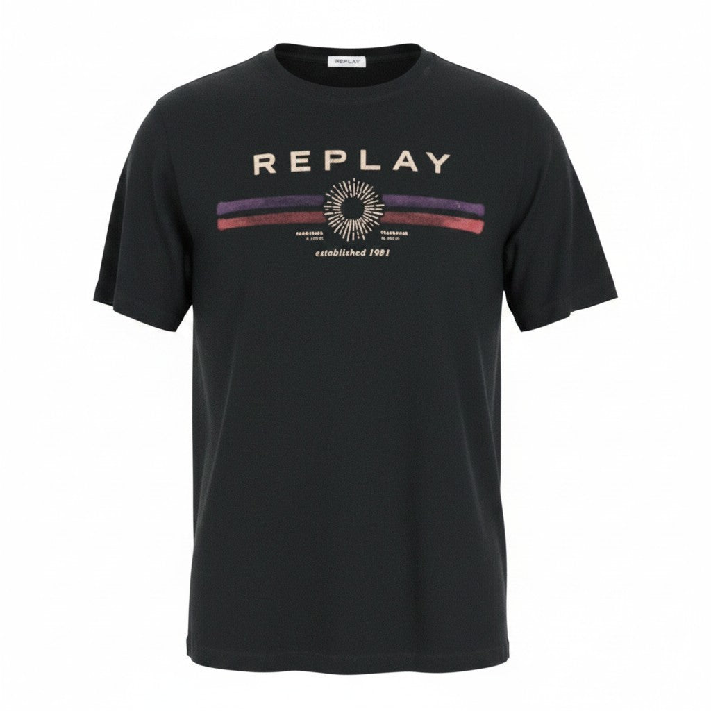 REPLAY Women T-Shirt L Logo Printed Crew Neckline Pure Cotton Jersey Casual