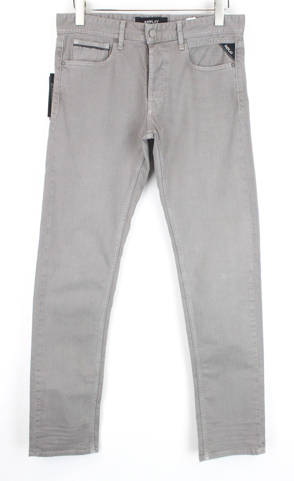REPLAY Grover Men Jeans W30/L34 Denim Button-Fly Straight Fit Grey Stretch Bull