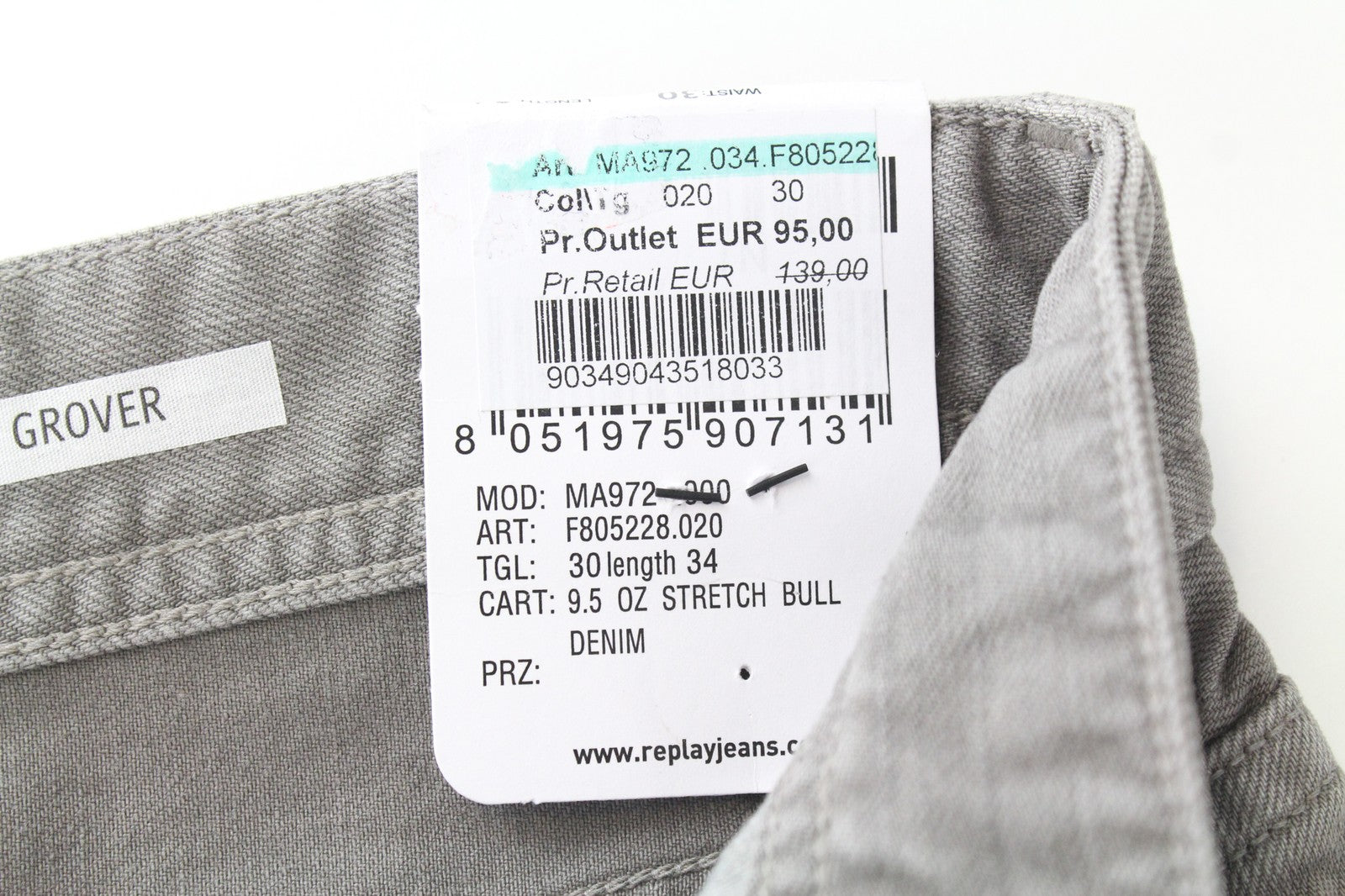REPLAY Grover Men Jeans W30/L34 Denim Button-Fly Straight Fit Grey Stretch Bull