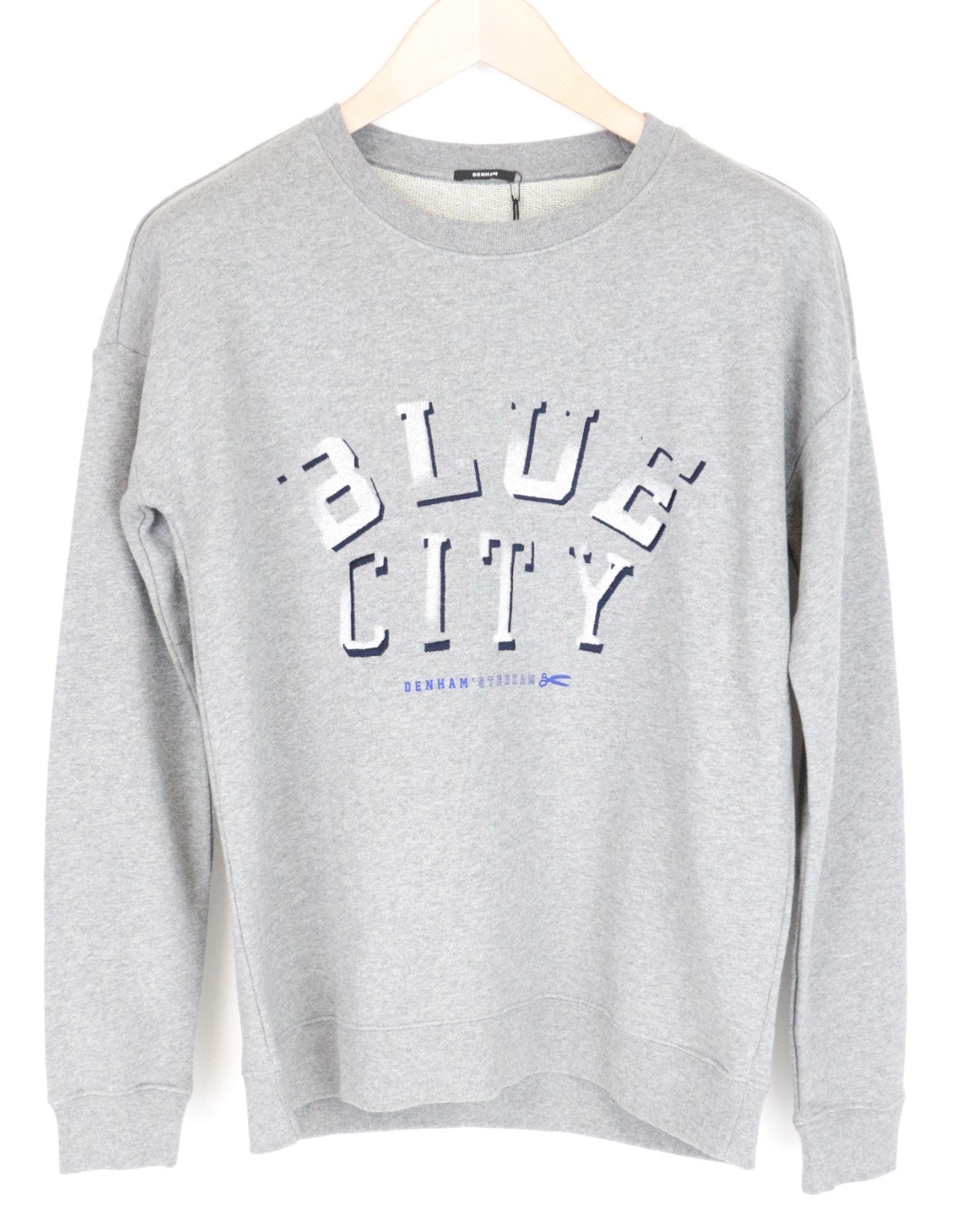 DENHAM Blue City Women Sweatshirt XS Logo Printed Grey Melange Long Sleeved