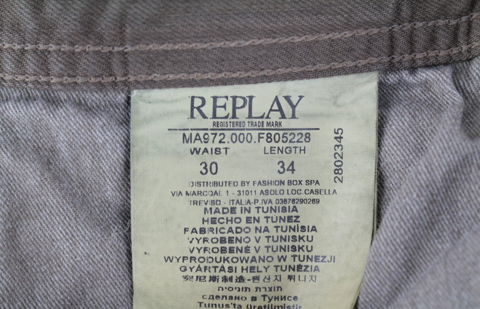 REPLAY Grover Men Jeans W30/L34 Buttoned Stretch Mid-Brown Straight Mid-Rise