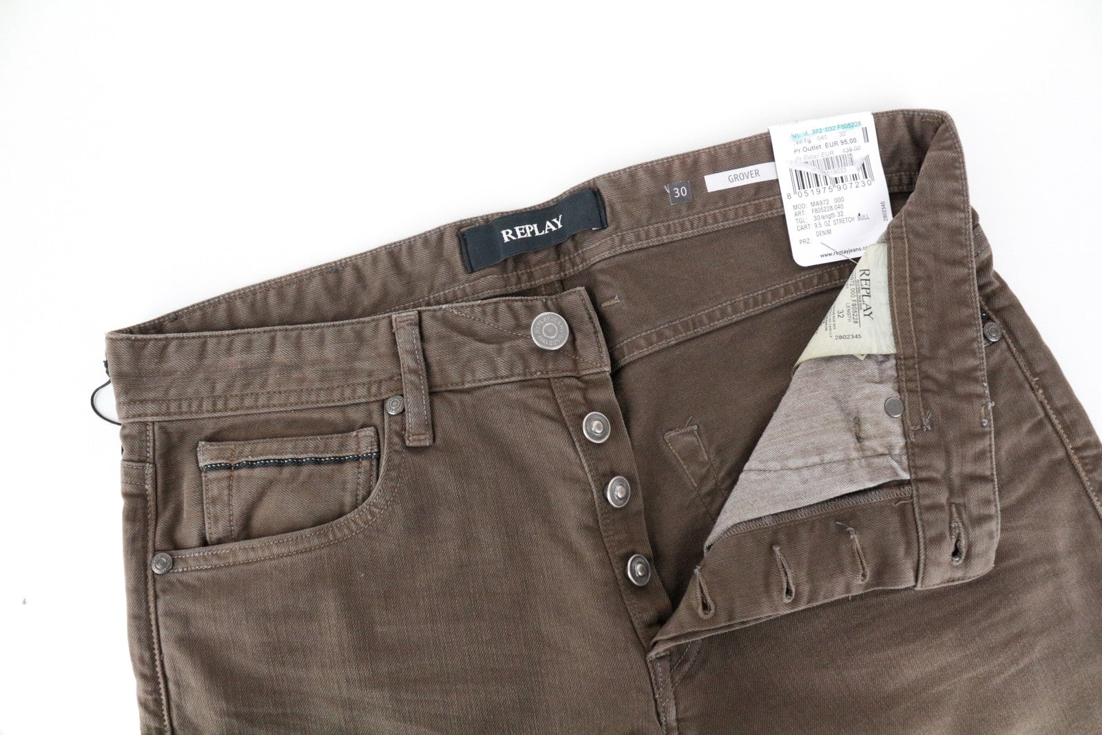 REPLAY Grover Men Jeans W30/L32 Buttoned Brown Straight Fit Stretch Bull Denim